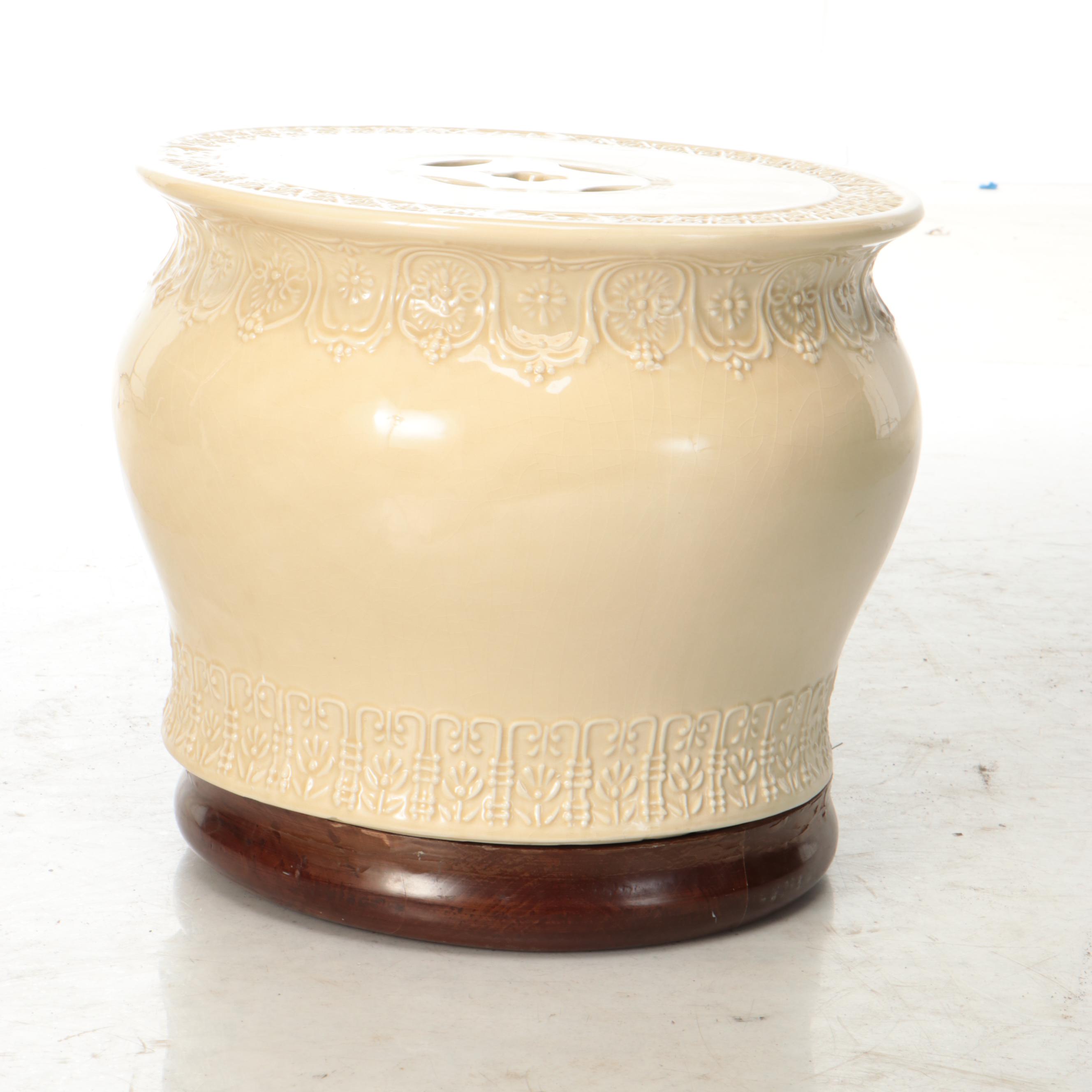 Chinese Porcelain Garden Stool with Wood Stand