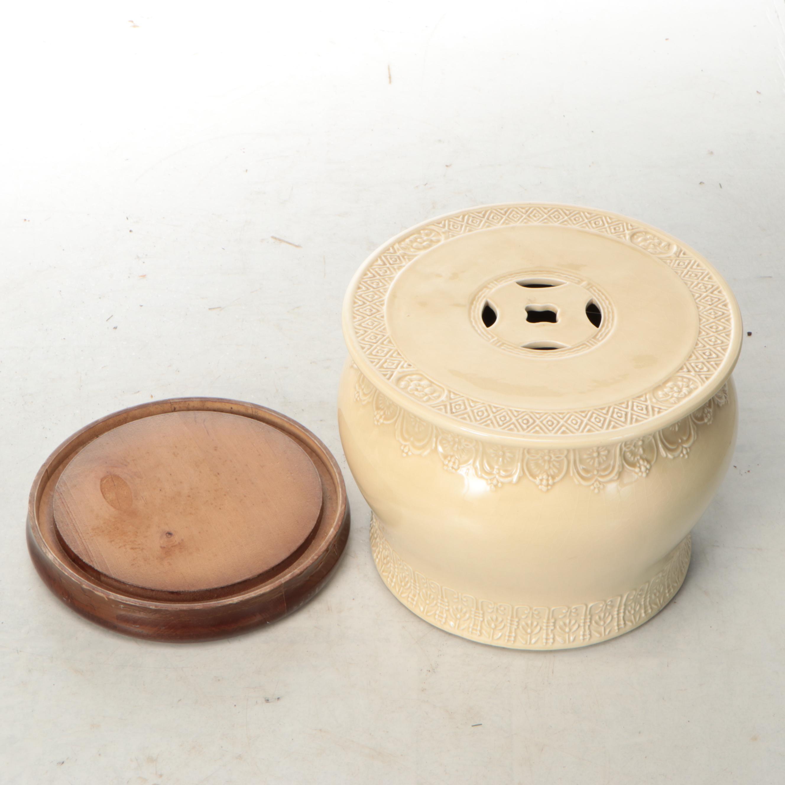 Chinese Porcelain Garden Stool with Wood Stand