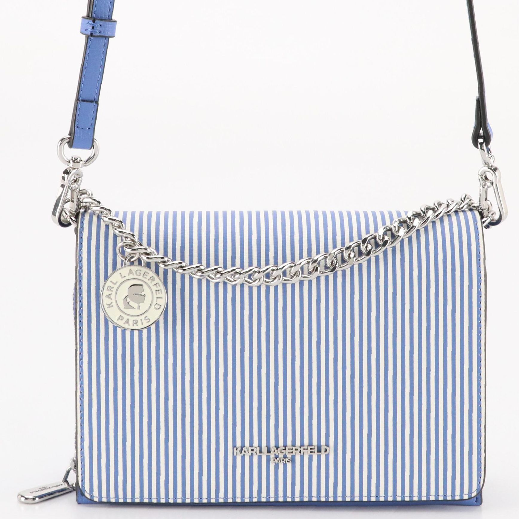 Karl Lagerfeld Paris "Lourdes" Small Crossbody Bag in Blue Striped Leather