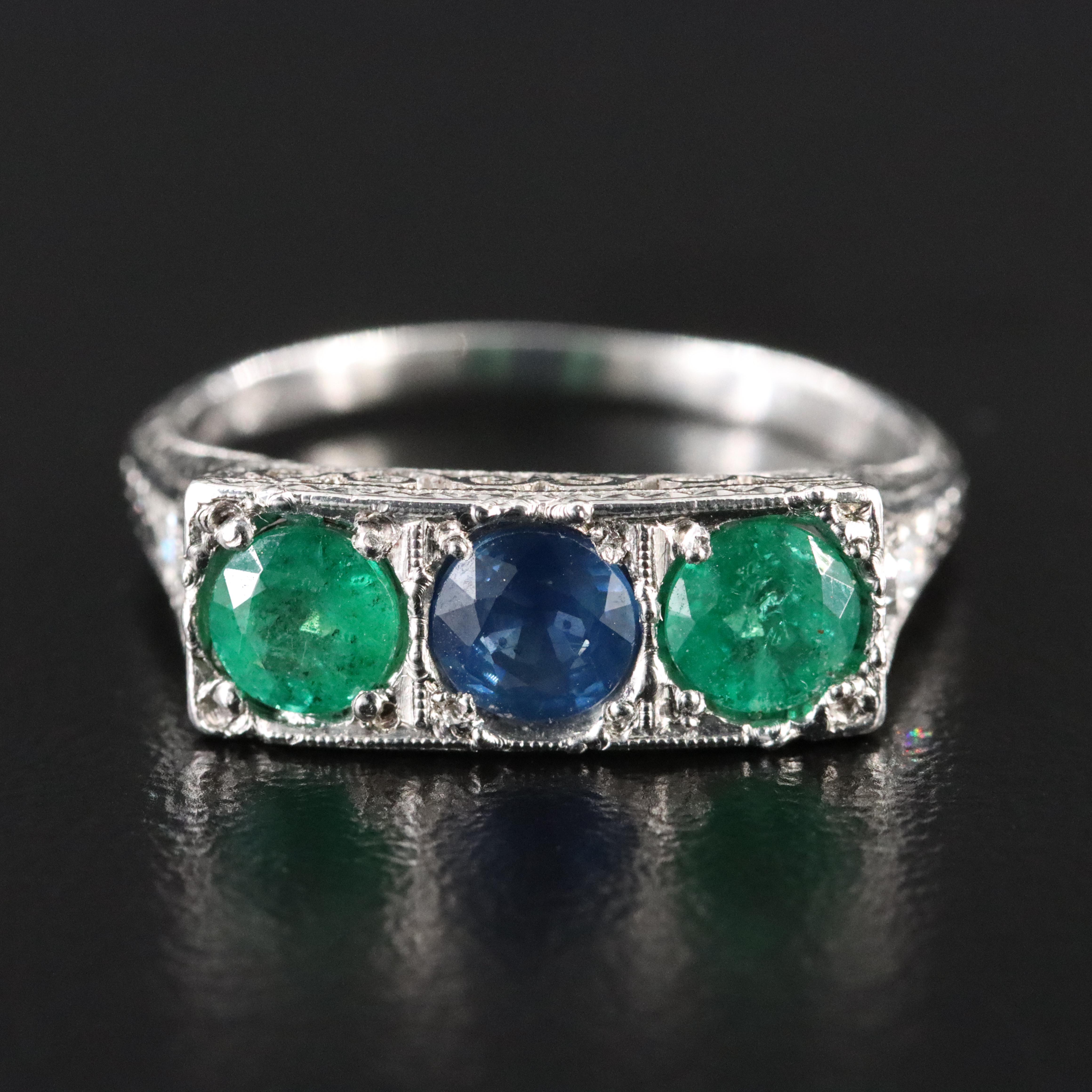 Vintage Sapphire, Emerald and Diamond Platinum Ring