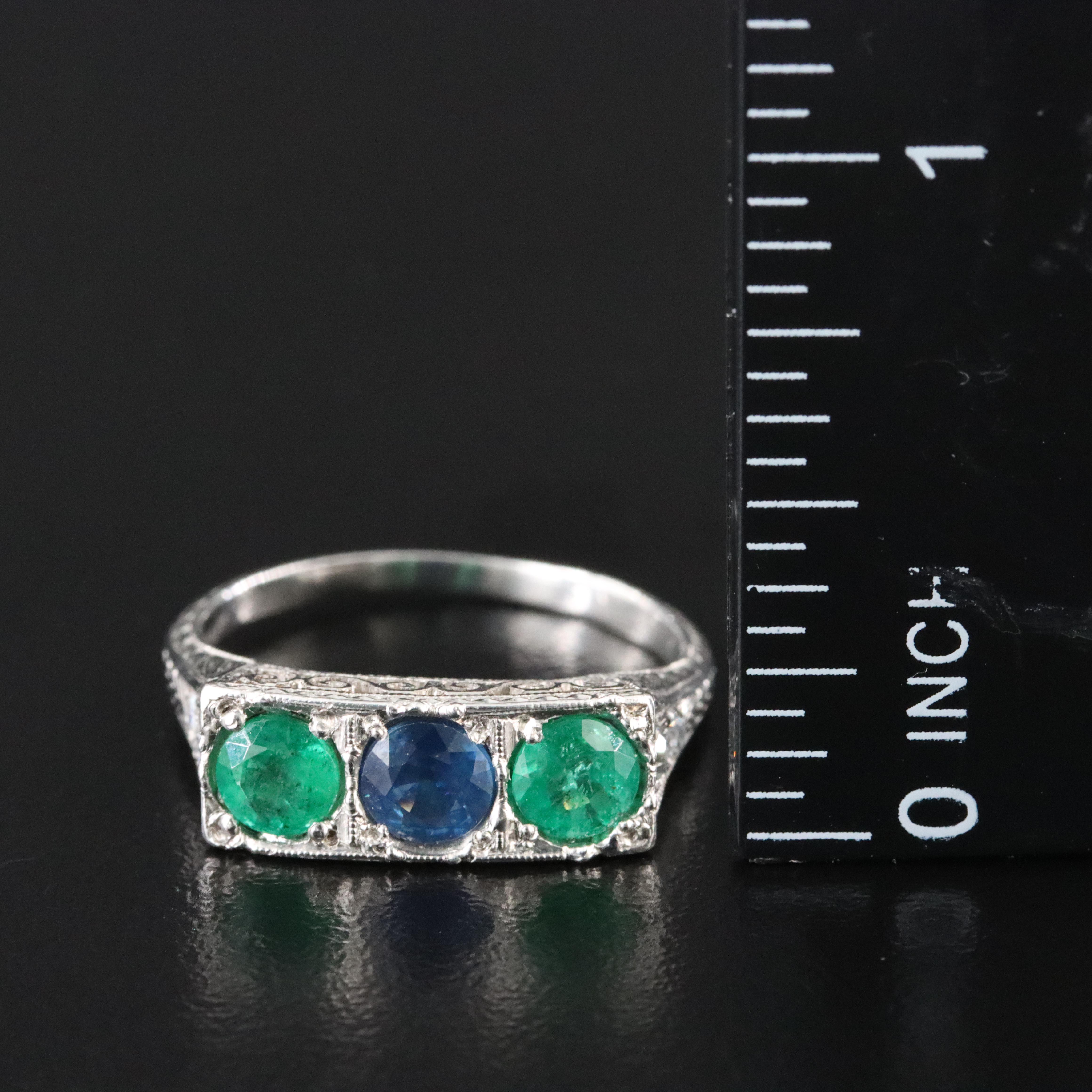 Vintage Sapphire, Emerald and Diamond Platinum Ring