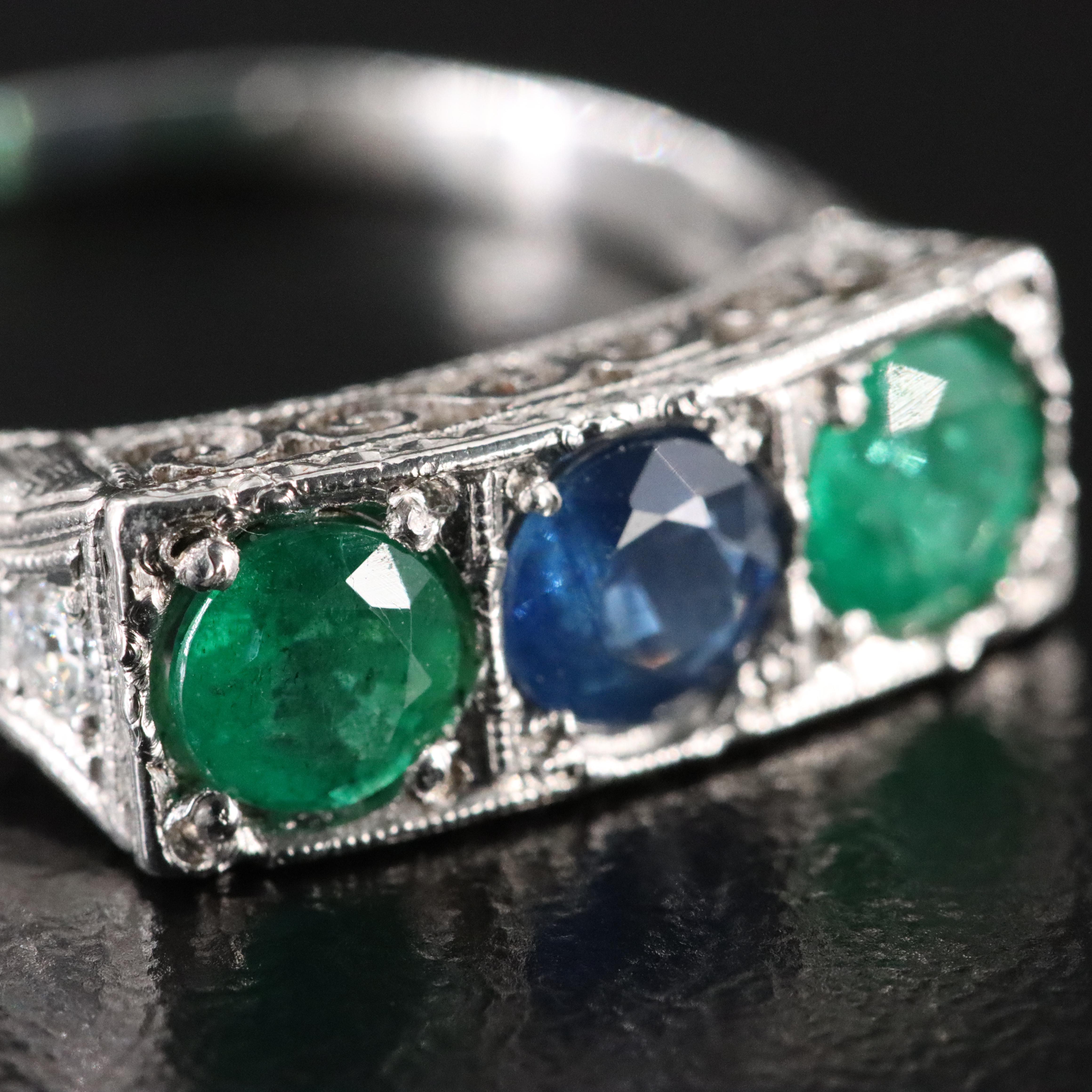 Vintage Sapphire, Emerald and Diamond Platinum Ring