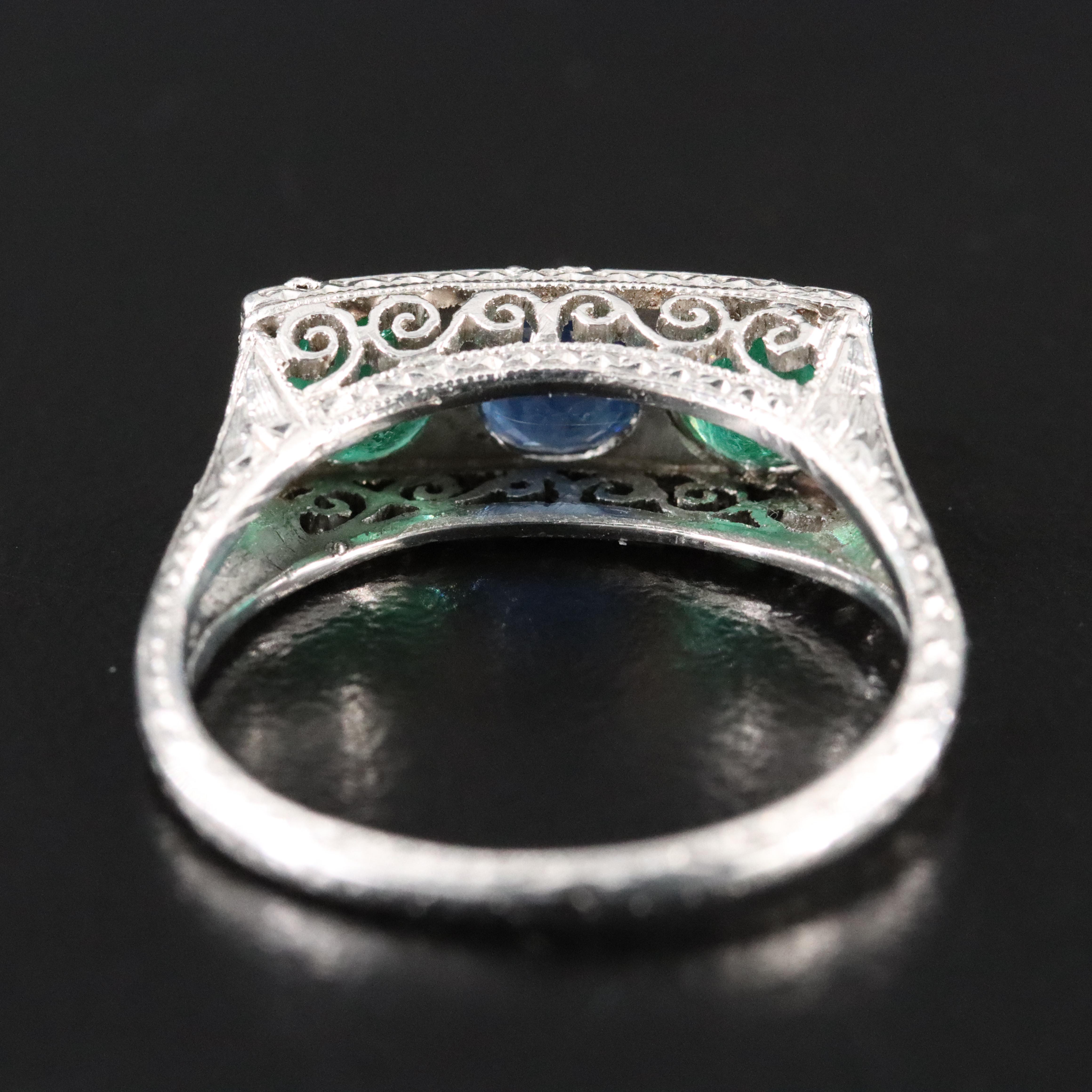 Vintage Sapphire, Emerald and Diamond Platinum Ring