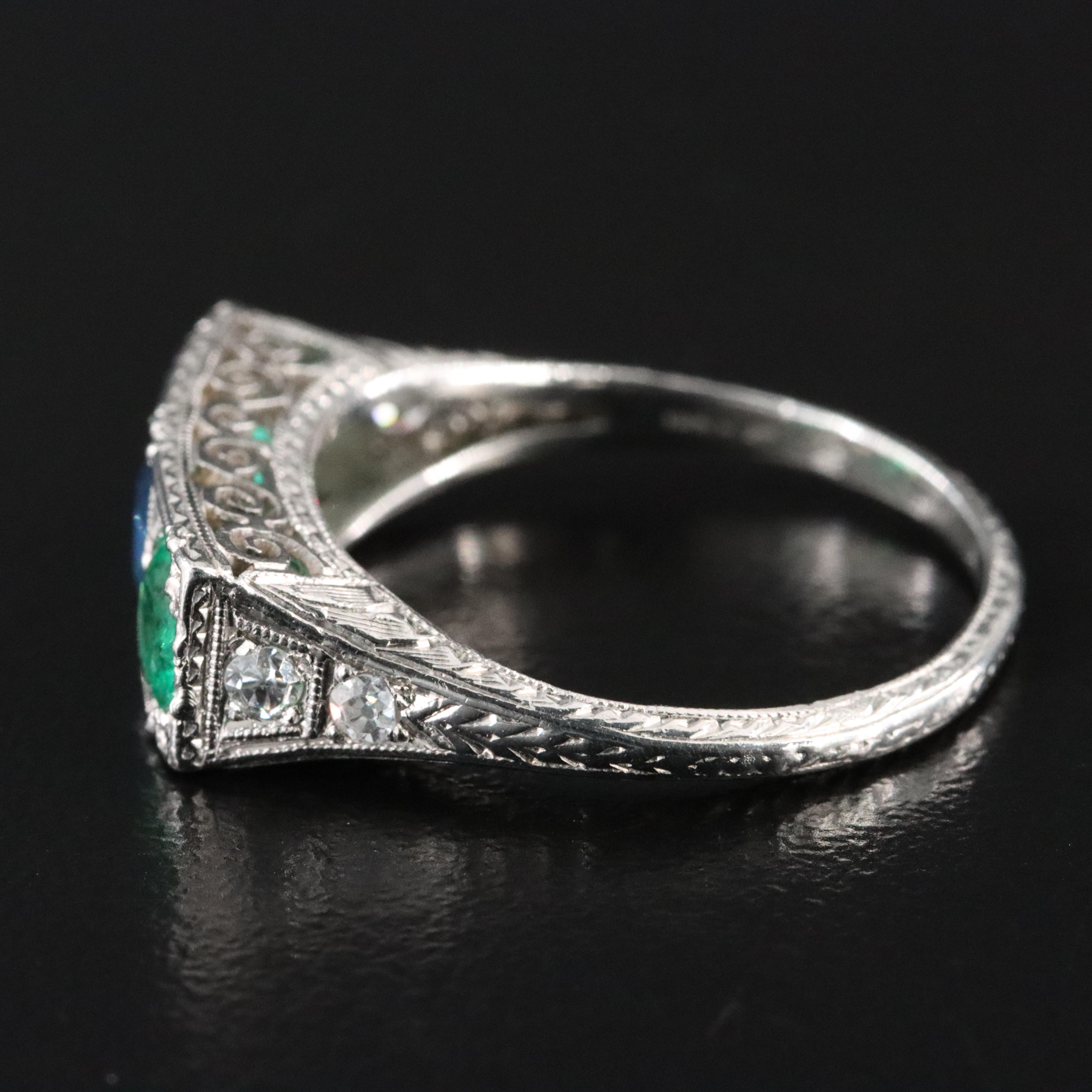 Vintage Sapphire, Emerald and Diamond Platinum Ring