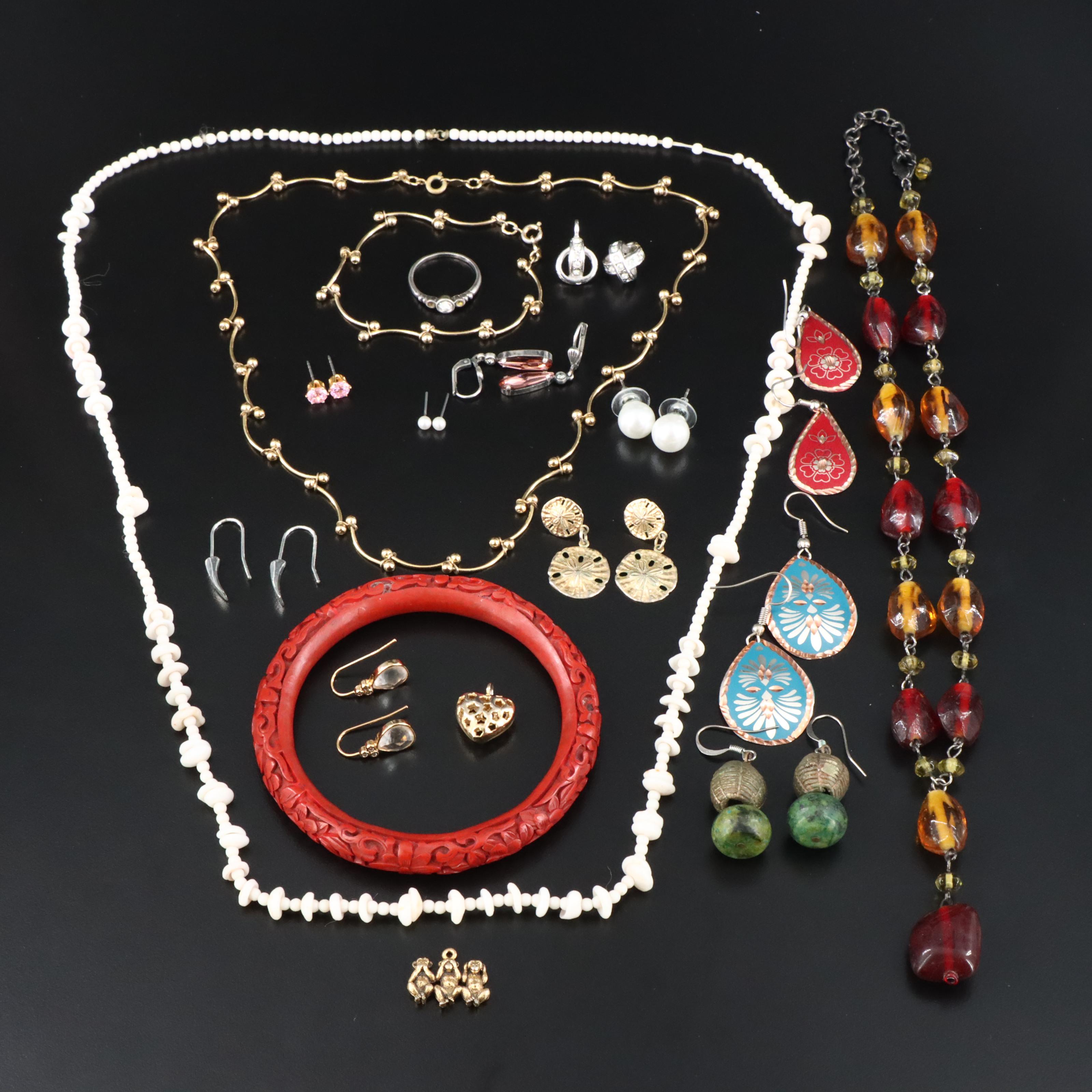 Jewelry Collection Including CZ, Serpentine and Faux Pearl