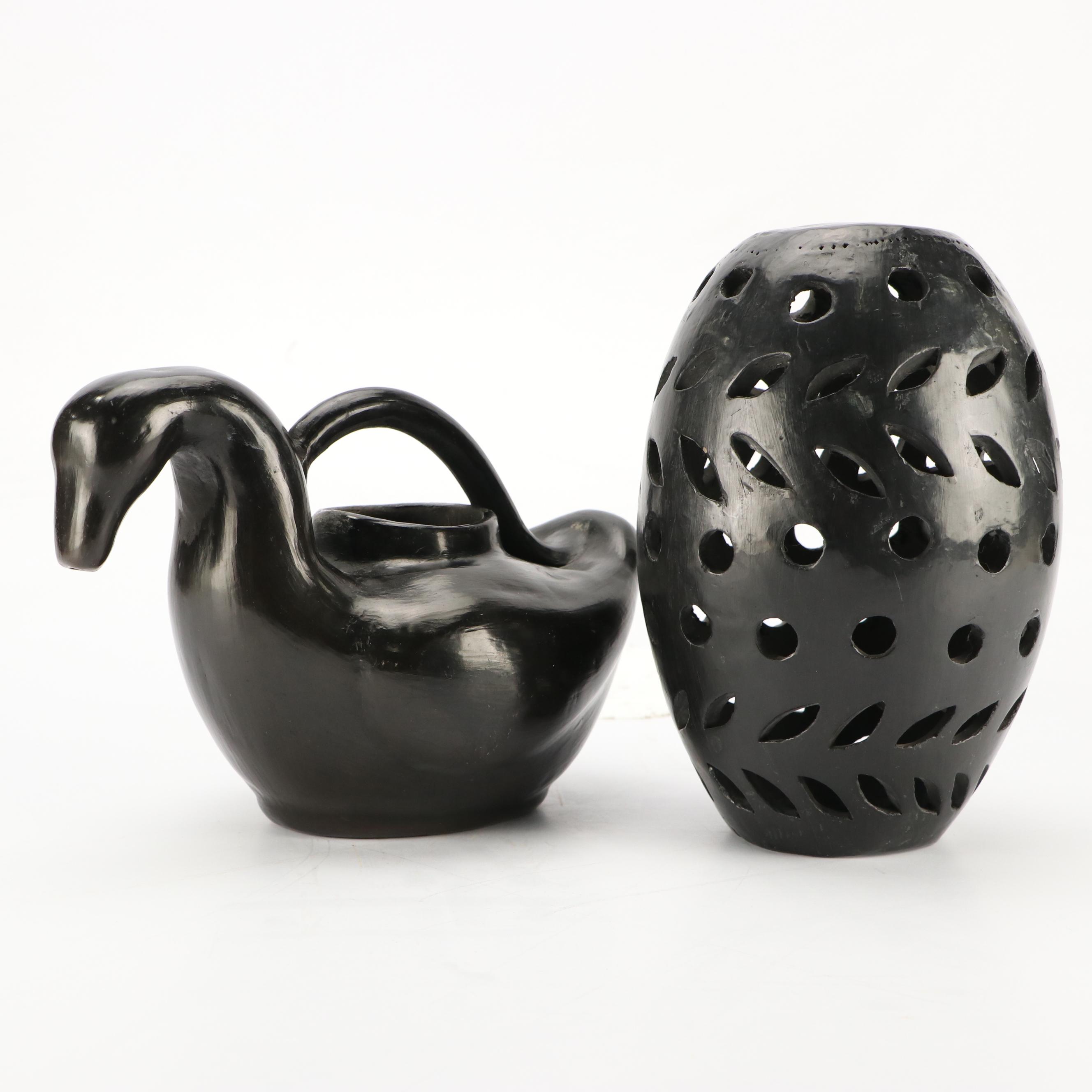 Blackware Duck Shaped Vessel and Pierced Vase