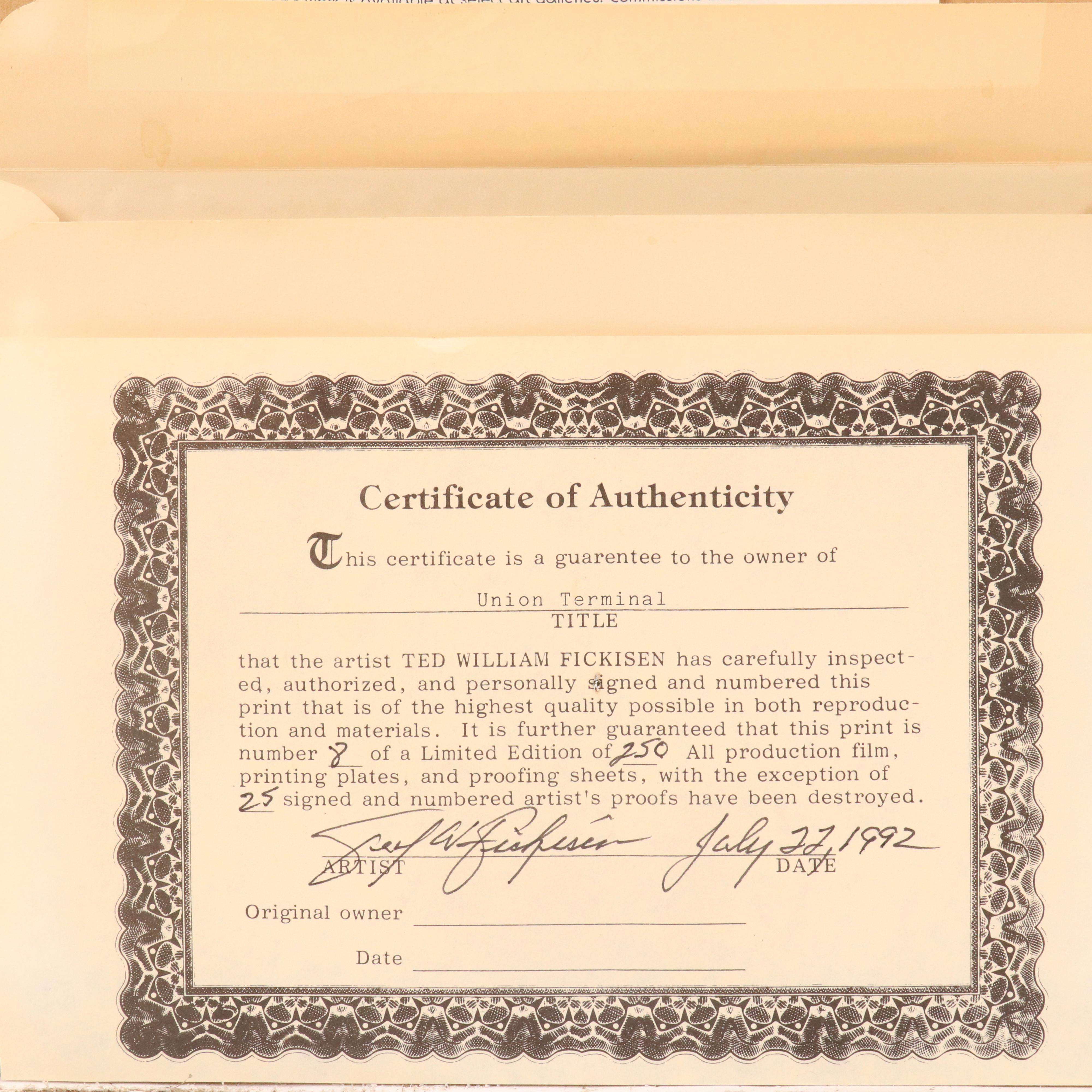 Ted W. Fickisen Lithograph "Union Terminal," 1992