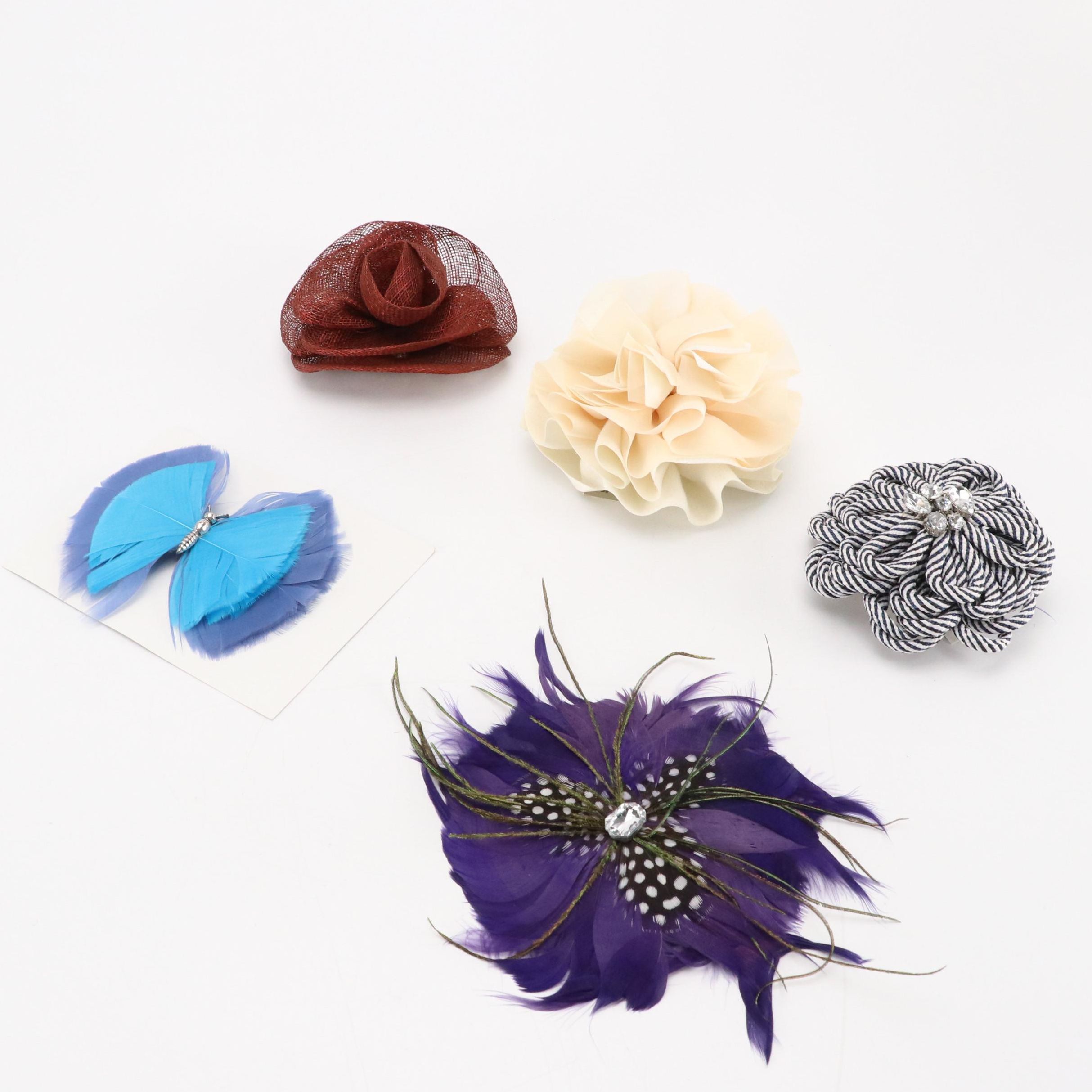 Chico's Feather and Fabric Brooch Pins with Crystal Accents