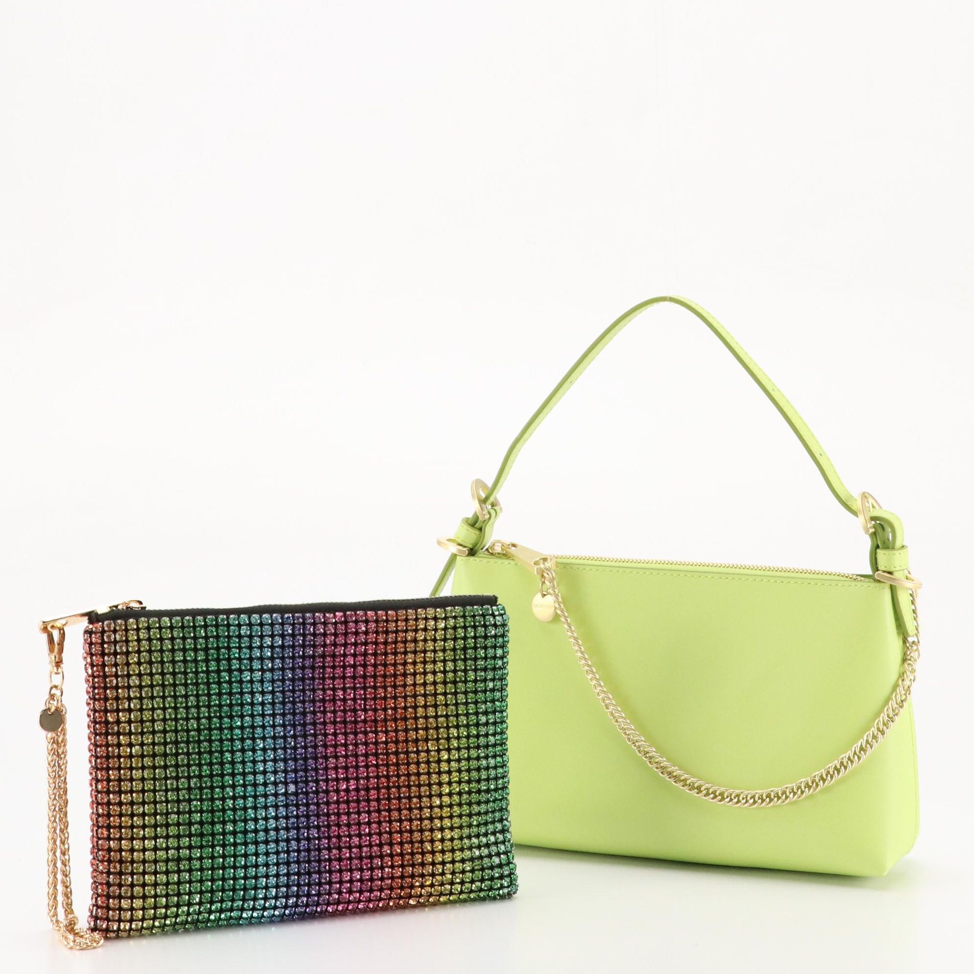 Zac Posen Top Zip Shoulder Bag in Green Leather & Olga Berg Glass Stone Clutch