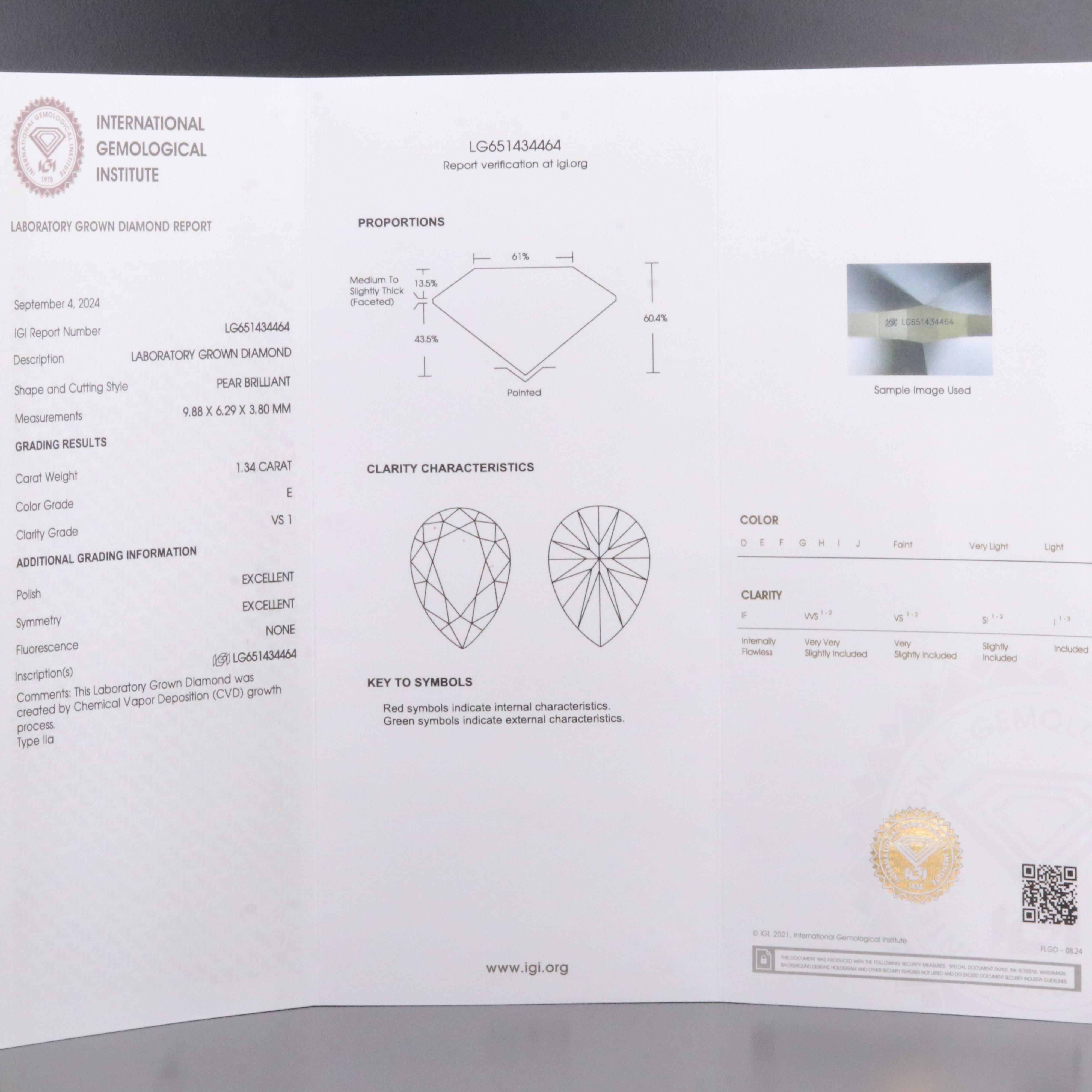 Loose 1.34 CT Lab Grown Diamond with IGI Report
