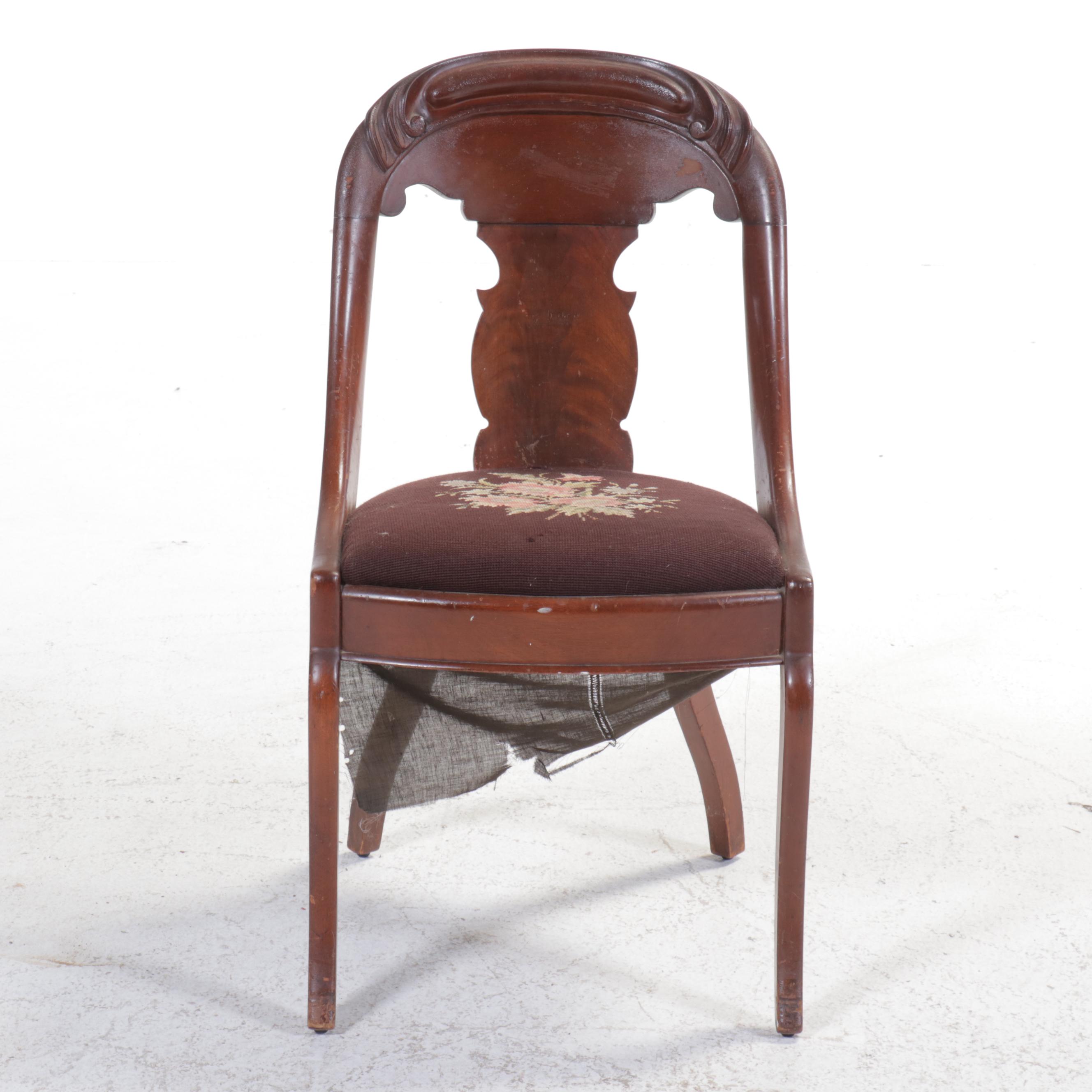 Empire Style Carved Mahogany Chair with Floral Needlepoint Seat
