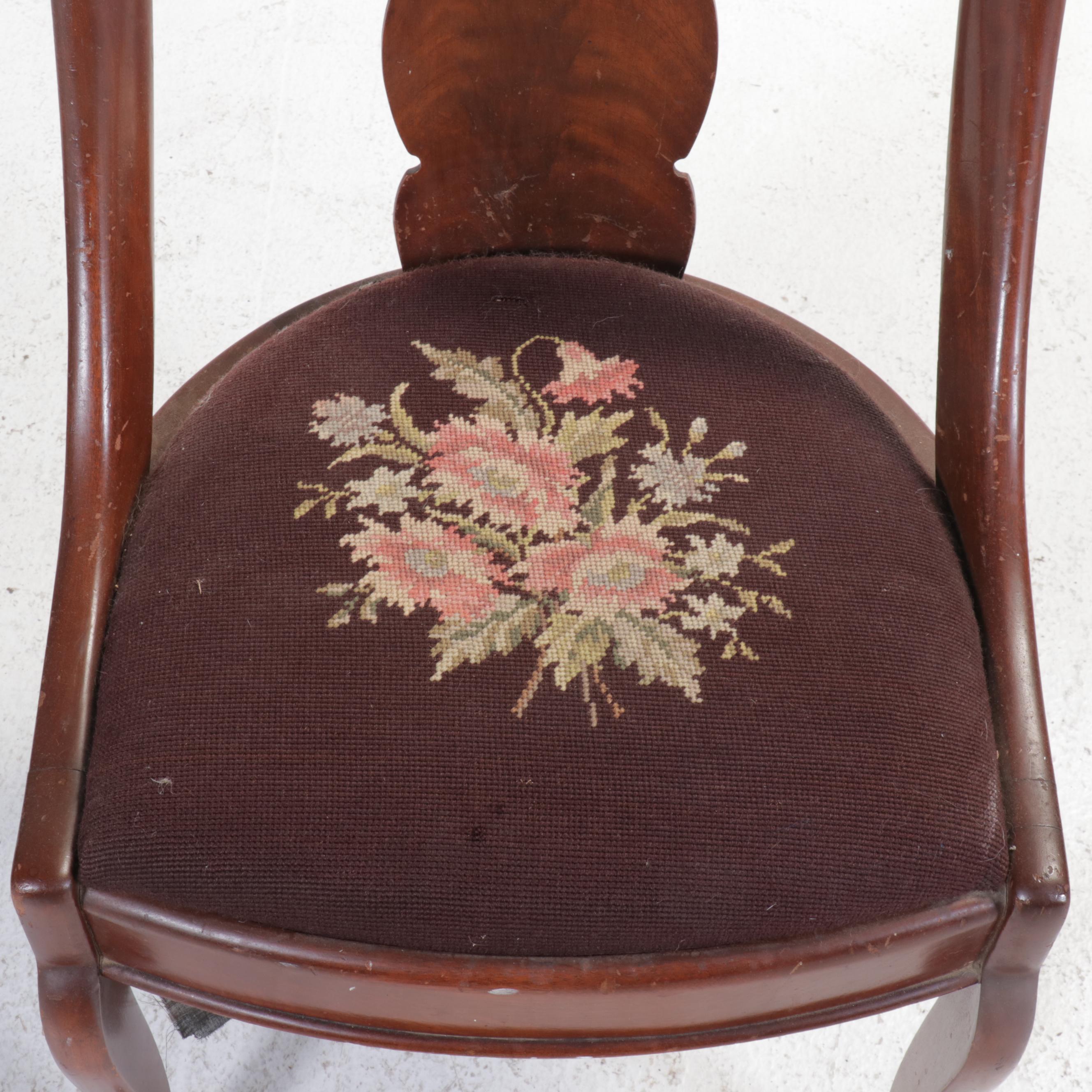 Empire Style Carved Mahogany Chair with Floral Needlepoint Seat