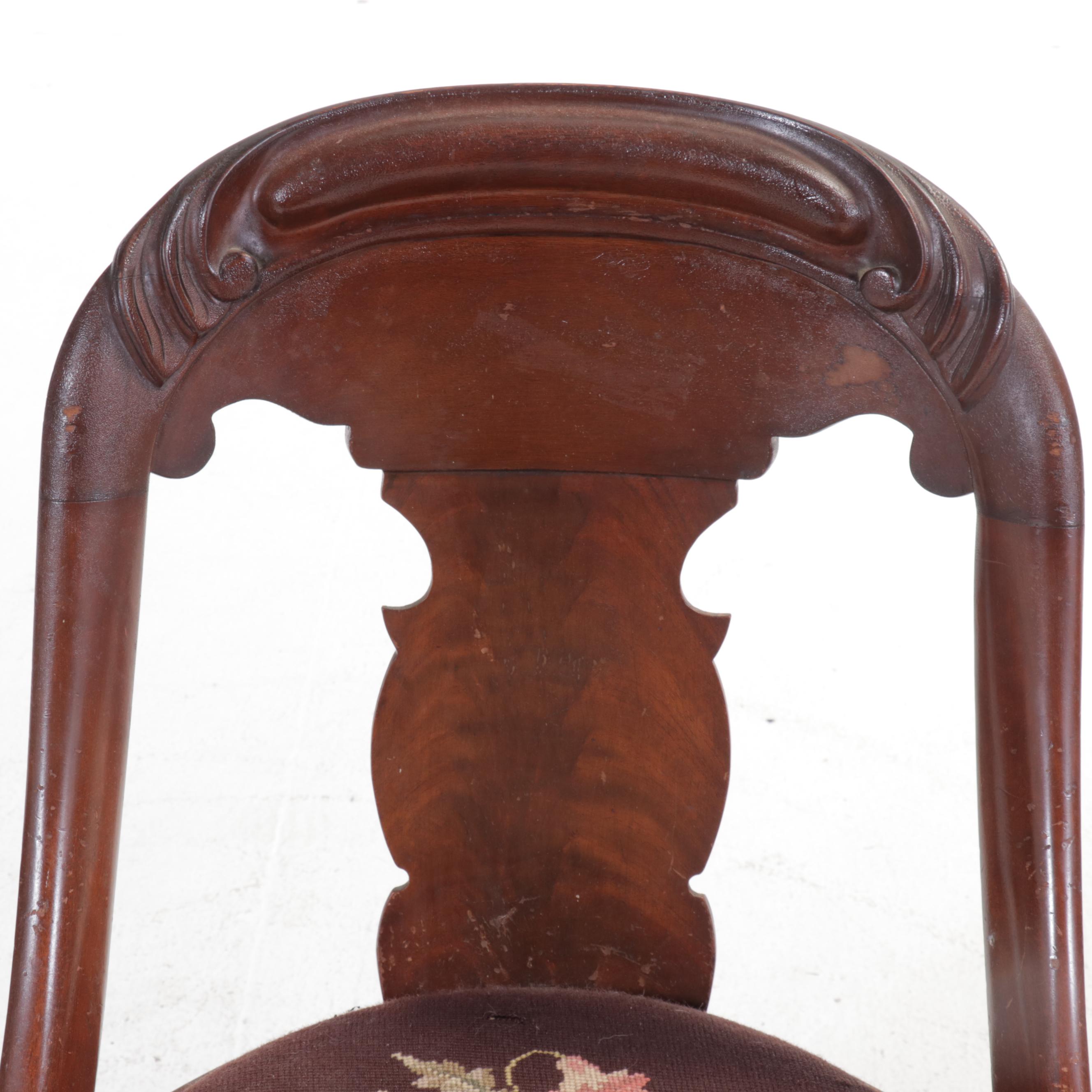 Empire Style Carved Mahogany Chair with Floral Needlepoint Seat