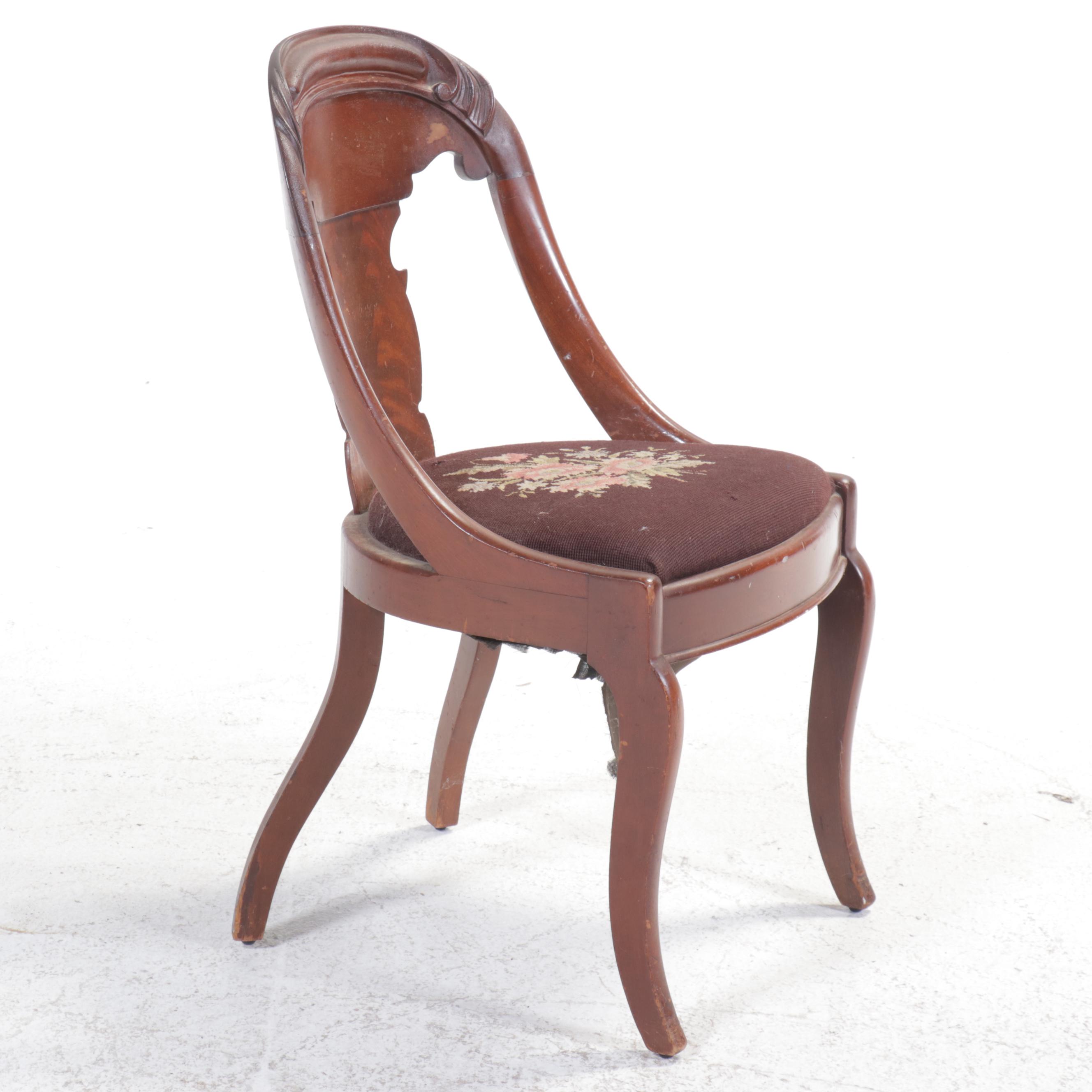 Empire Style Carved Mahogany Chair with Floral Needlepoint Seat