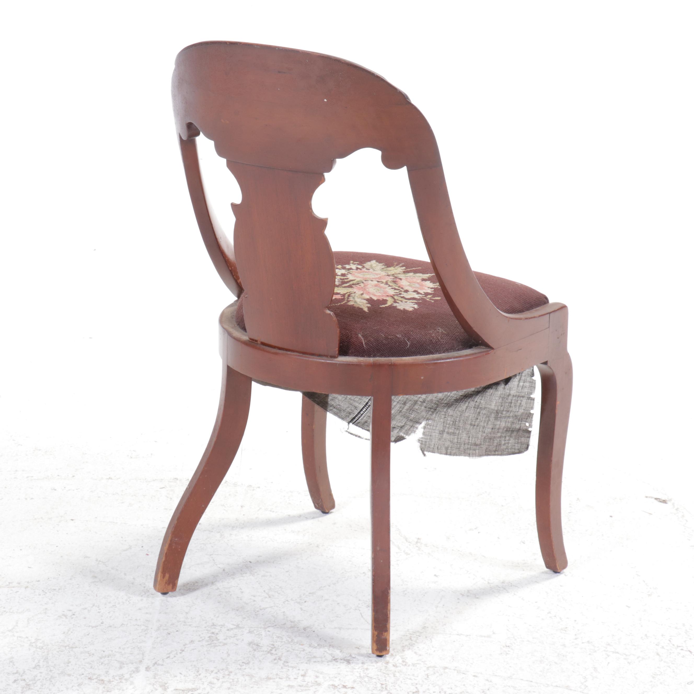 Empire Style Carved Mahogany Chair with Floral Needlepoint Seat