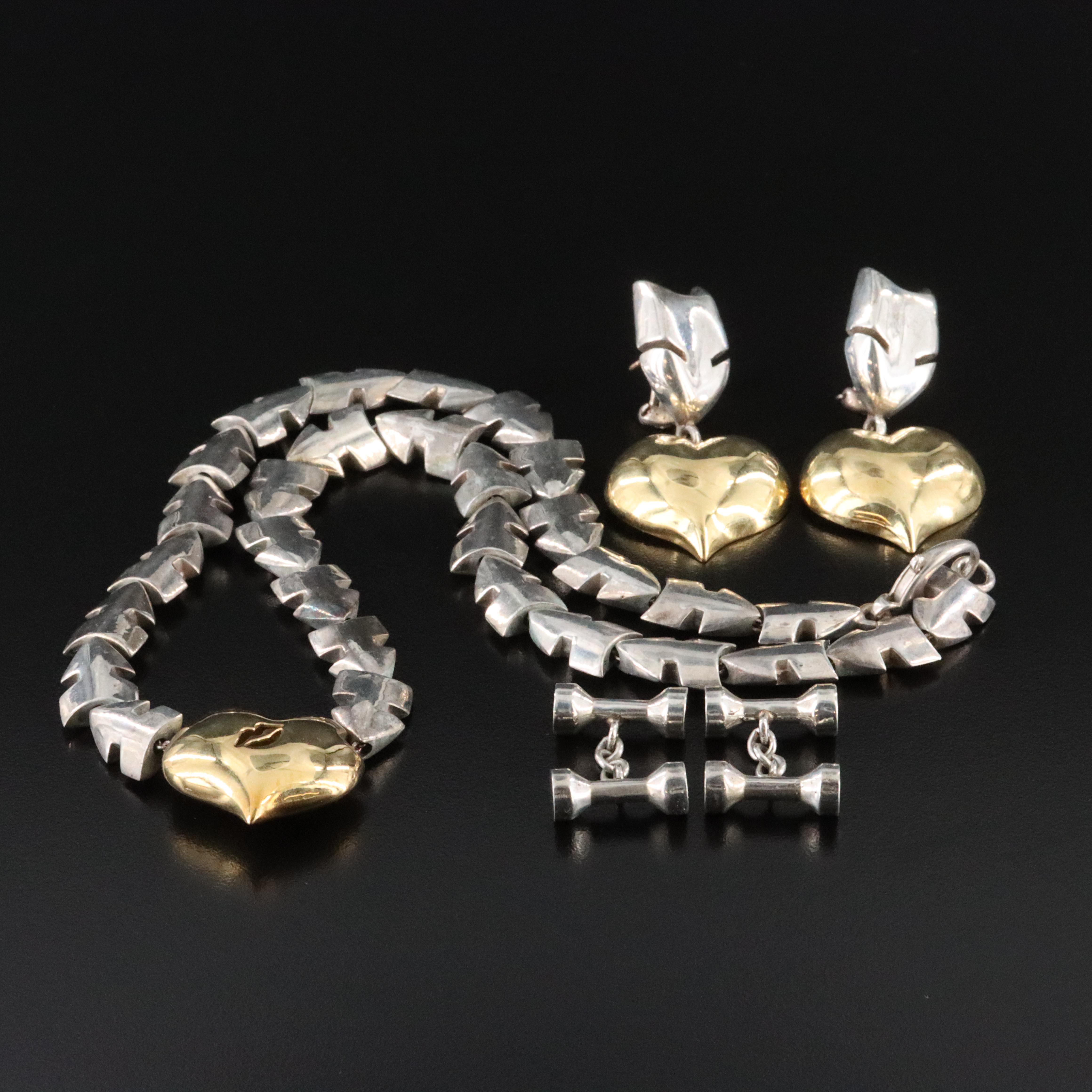 Sterling and 18K Heart Necklace and Earrings Set with Cufflinks