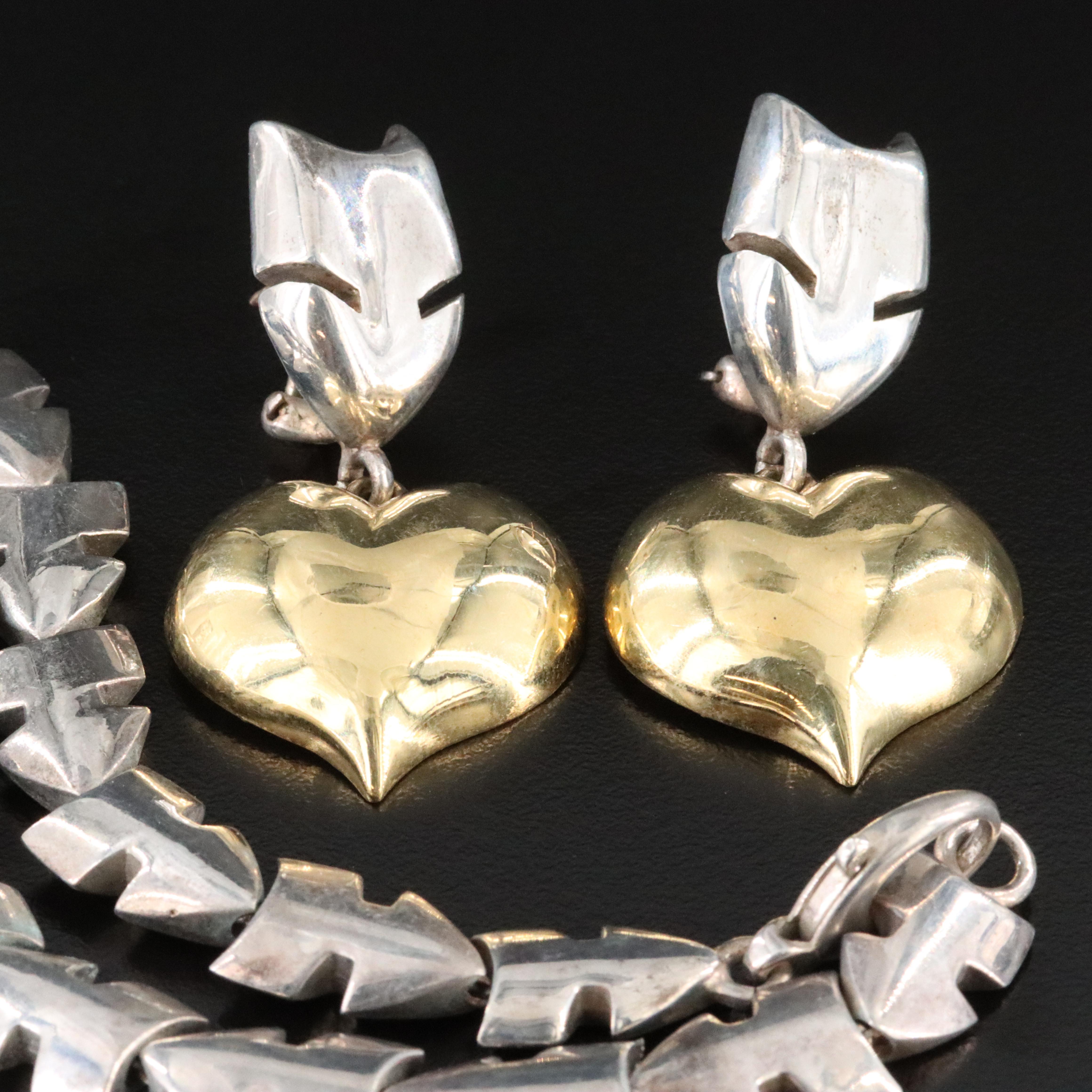 Sterling and 18K Heart Necklace and Earrings Set with Cufflinks