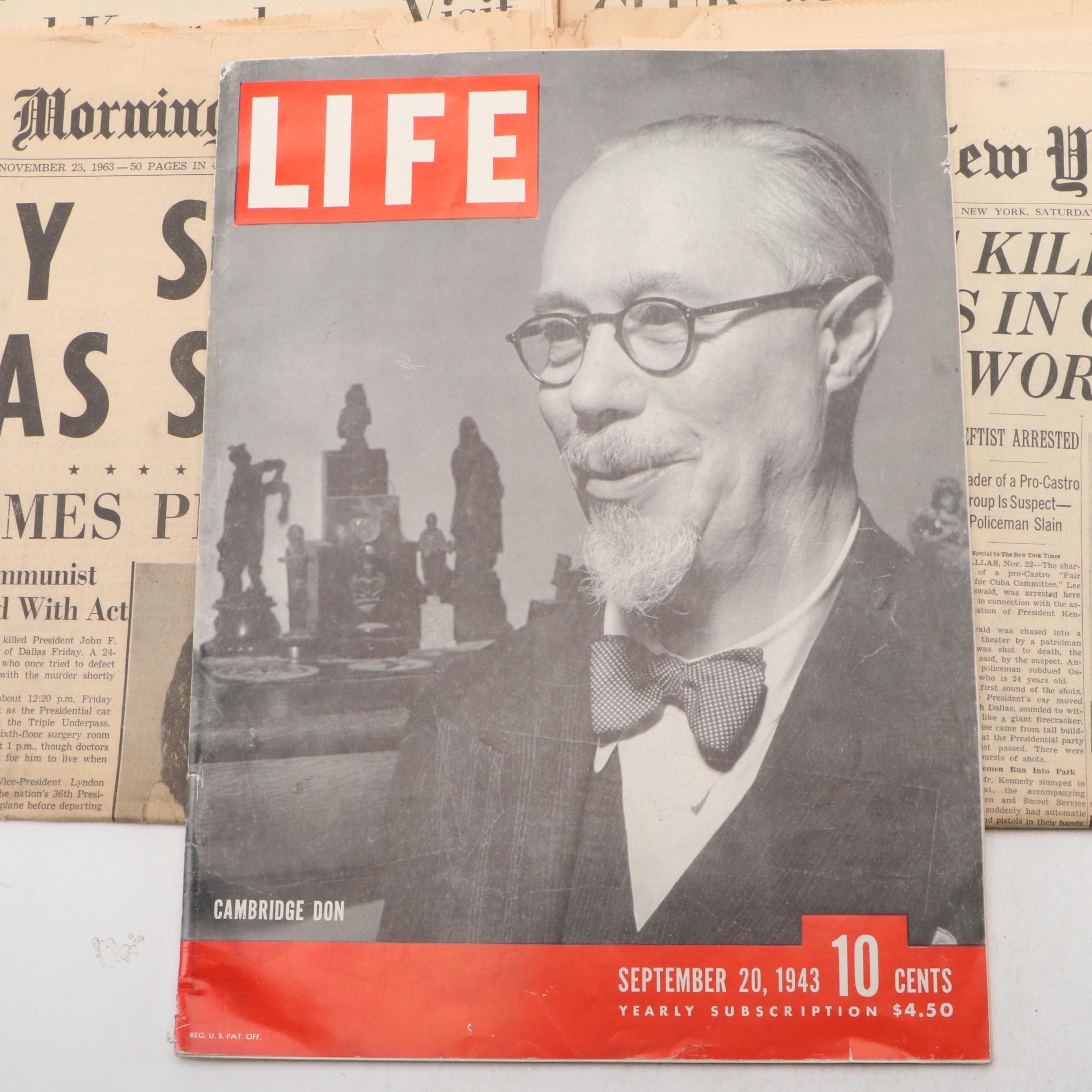 John F. Kennedy Assassination Newspapers with "Life" Magazine, Mid-20th Century