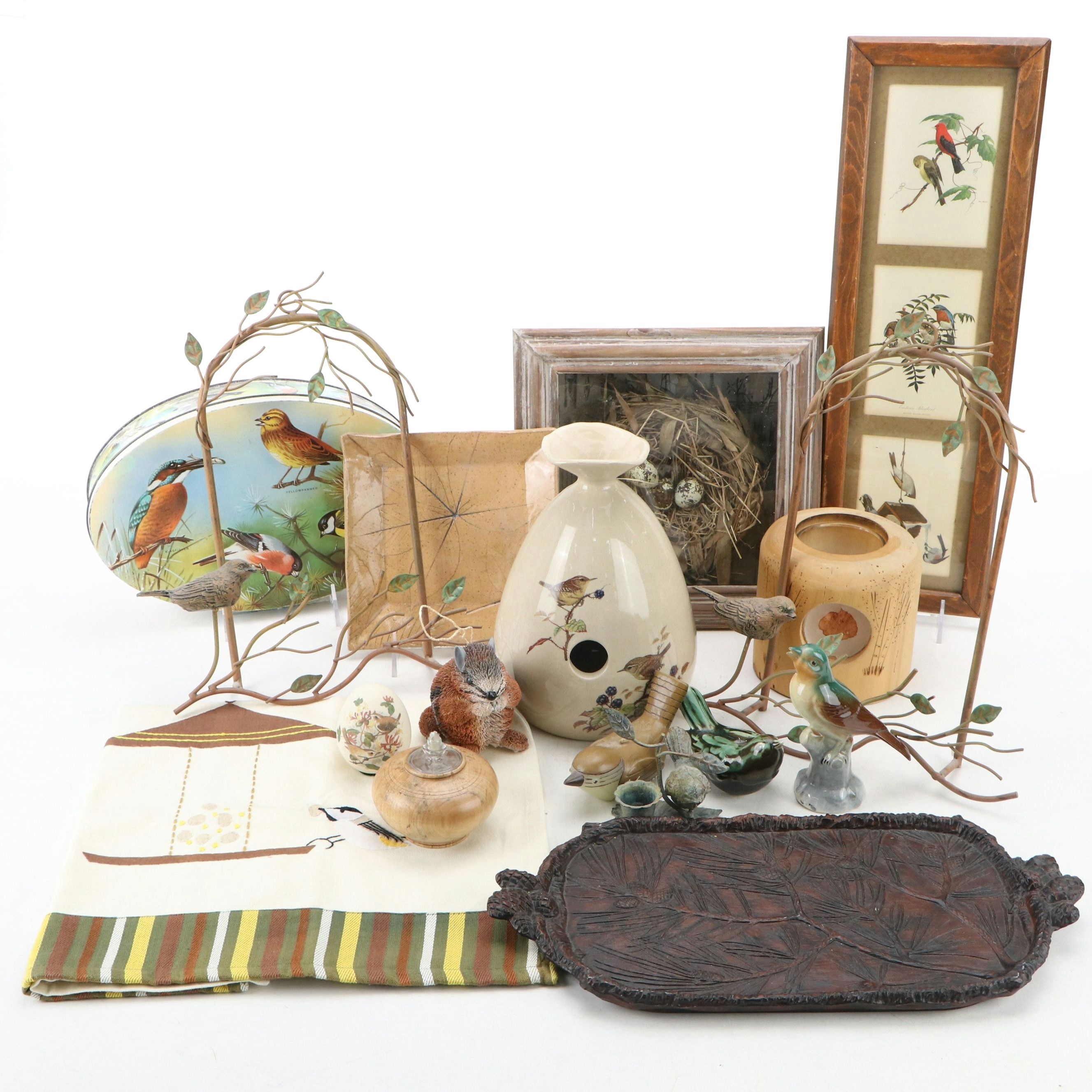 Black Forest Style Carved Walnut Tray with Ceramic Figurines and Other Décor