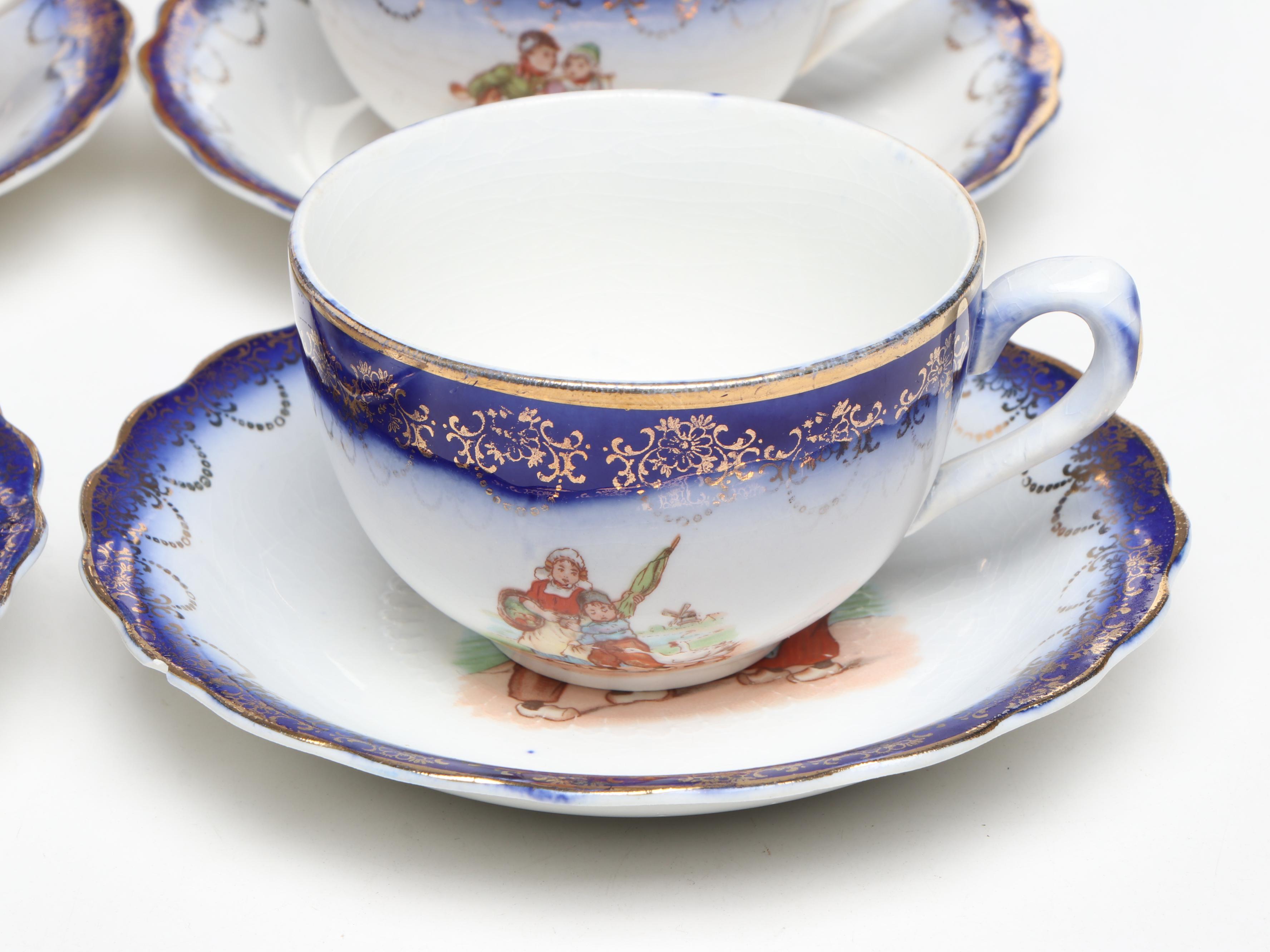 Sterling China Flow Blue Border Ceramic Dutch Family Coffee Set