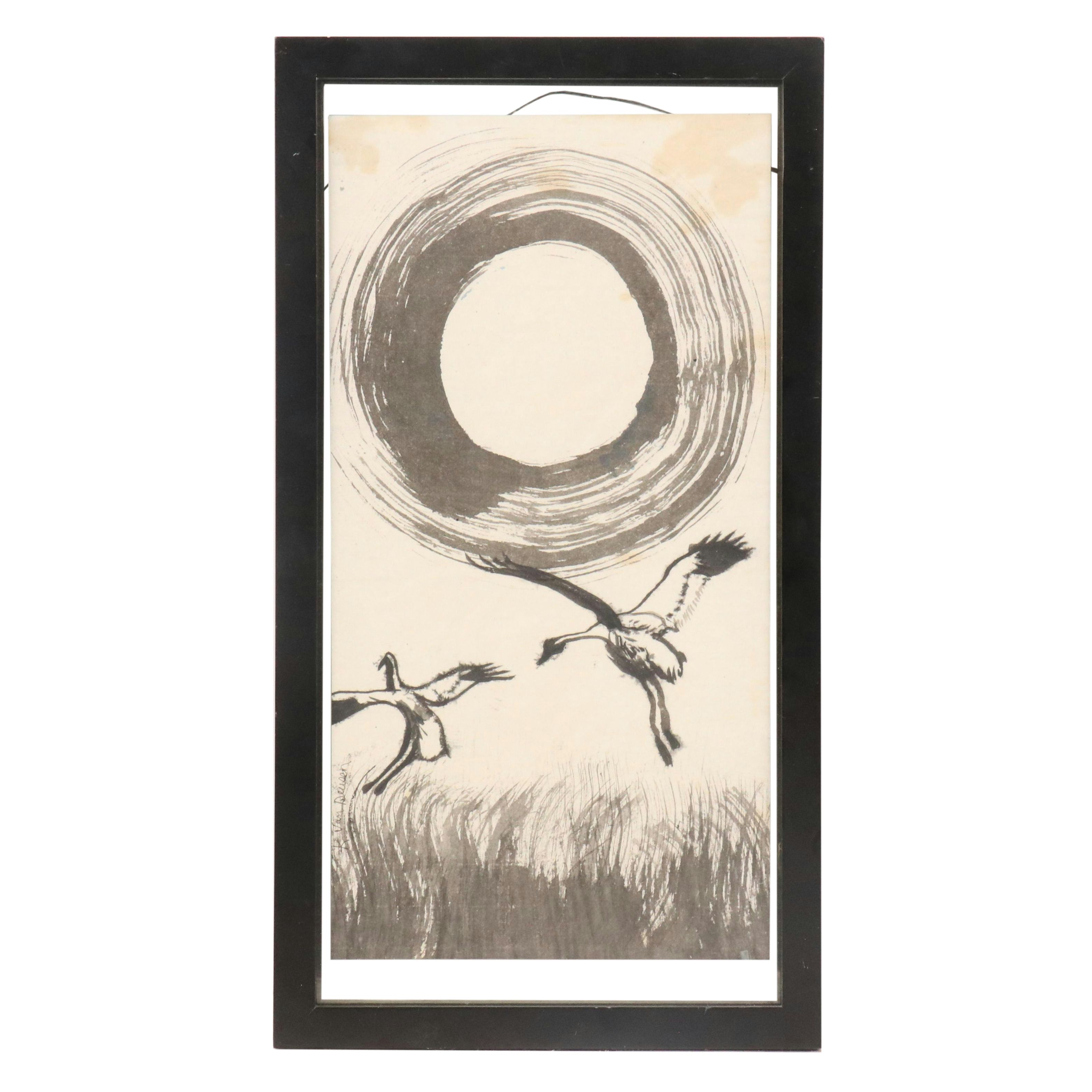 Karlene VanDeusen Ink Painting "Whooping Crane Flying Over the Sun"