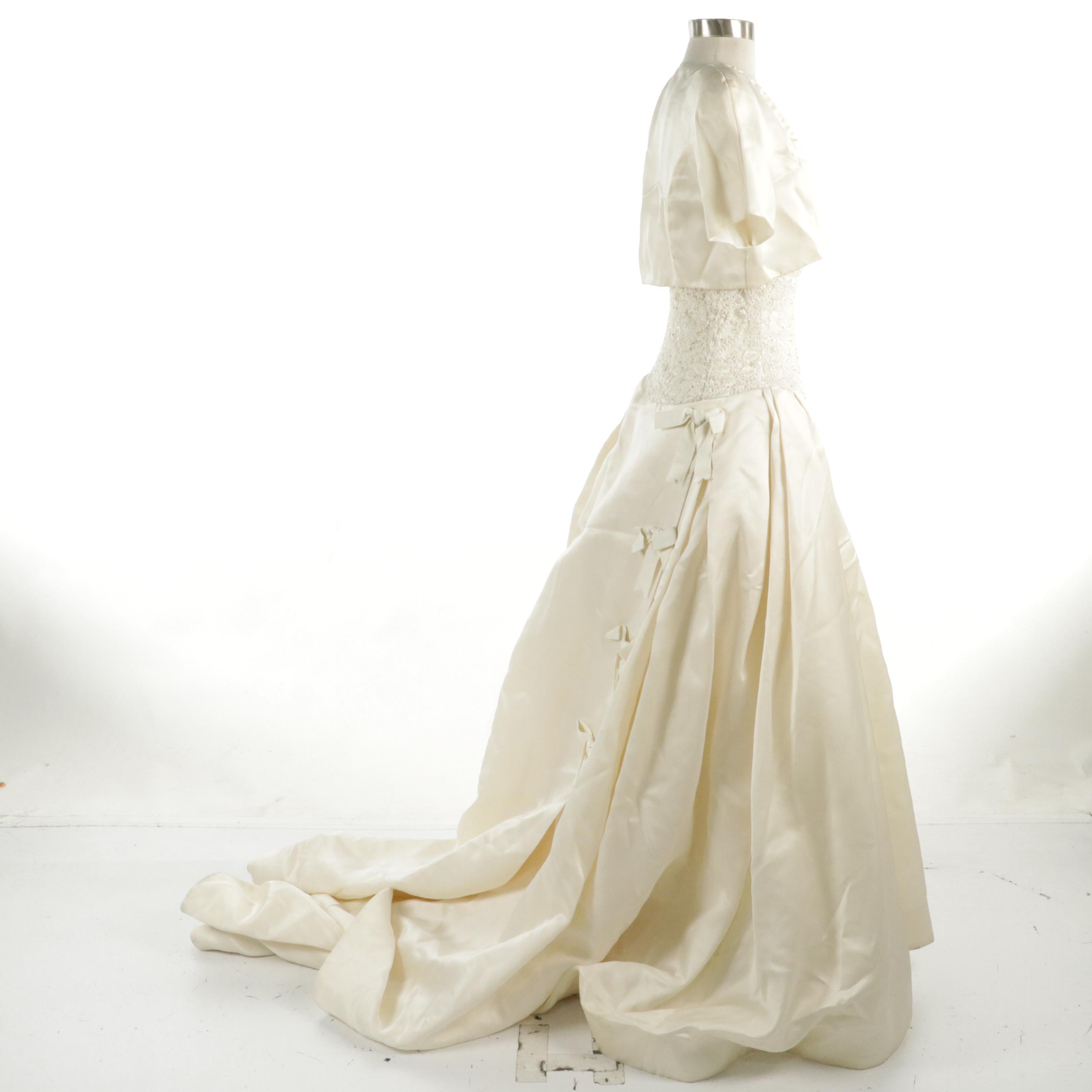 Strapless Crystal/Bead Lace Bodice Cathedral Train Satin Wedding Gown