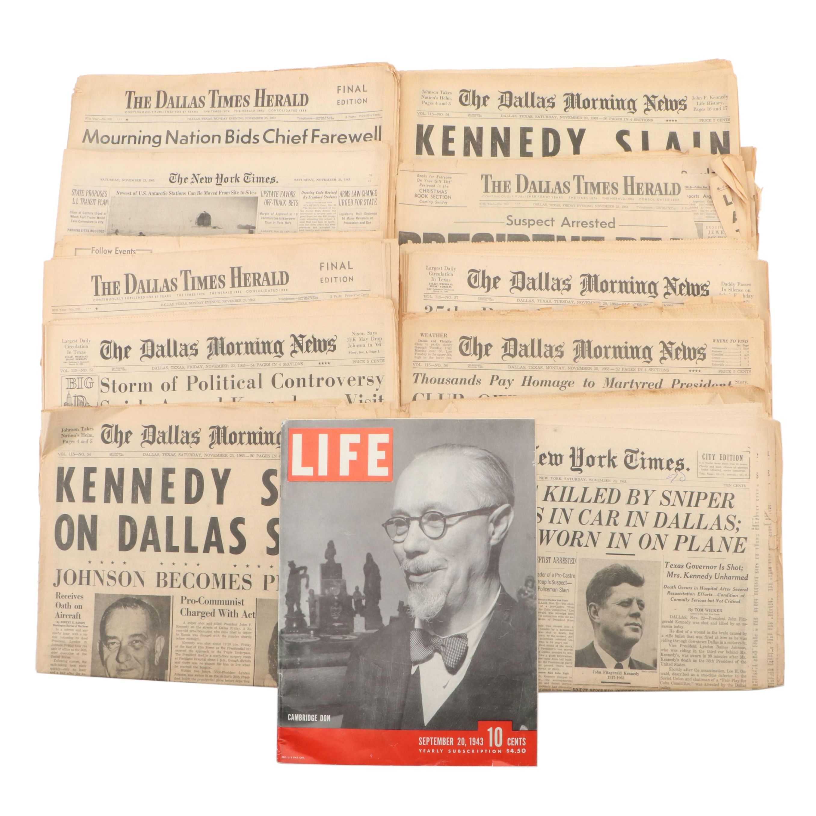 John F. Kennedy Assassination Newspapers with "Life" Magazine, Mid-20th Century