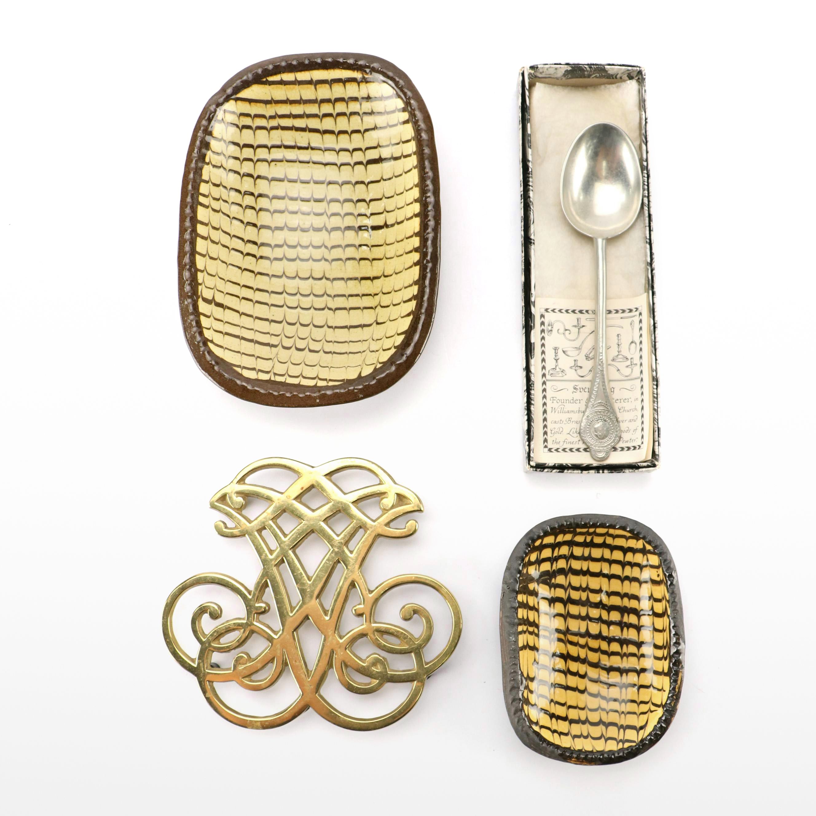 Williamsburg Restoration Ceramic Bowls and Brass Coaster with Other Pewter Spoon