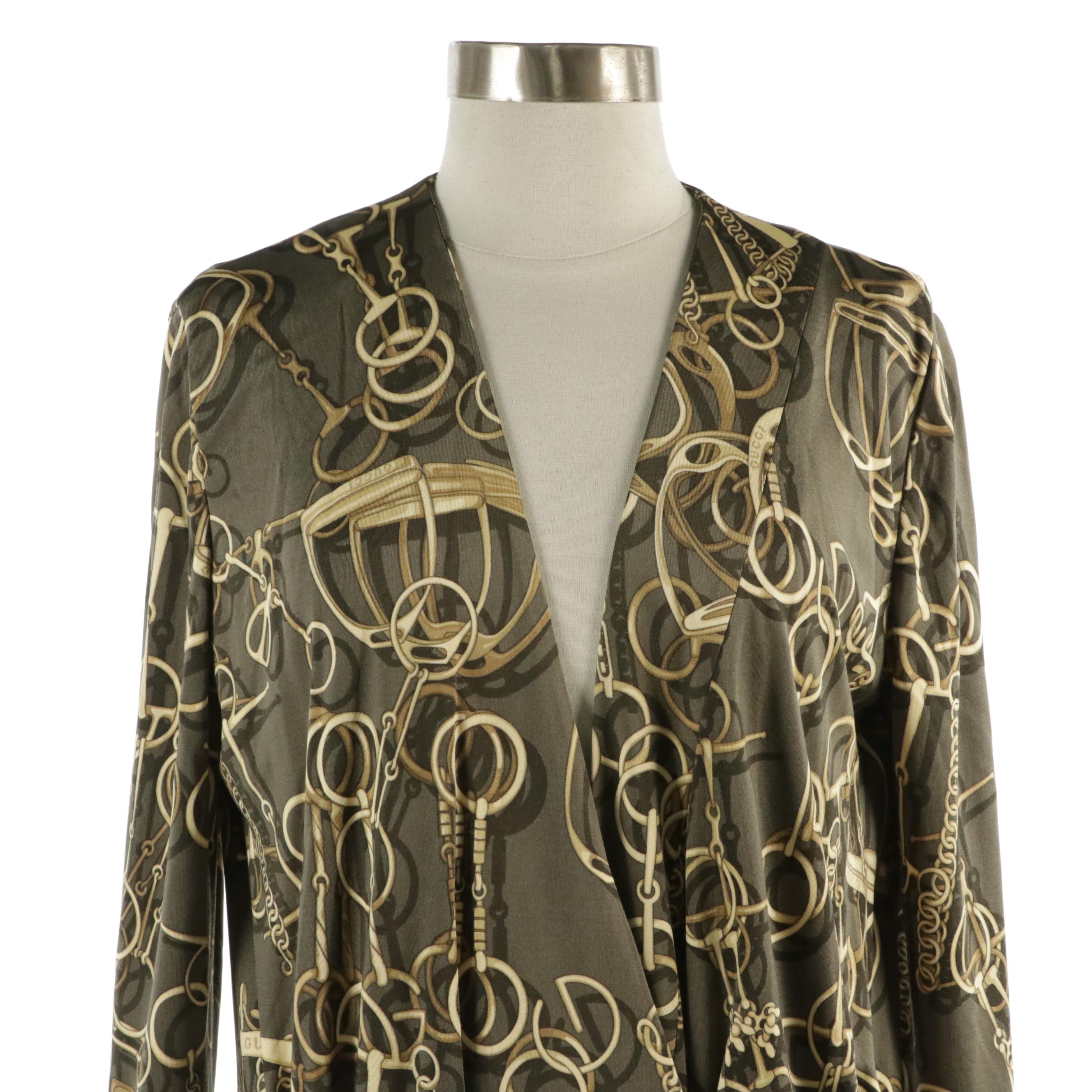 Gucci Horsebit Print Silk Jersey Chain-Link Midi Dress with Plunging Neckline