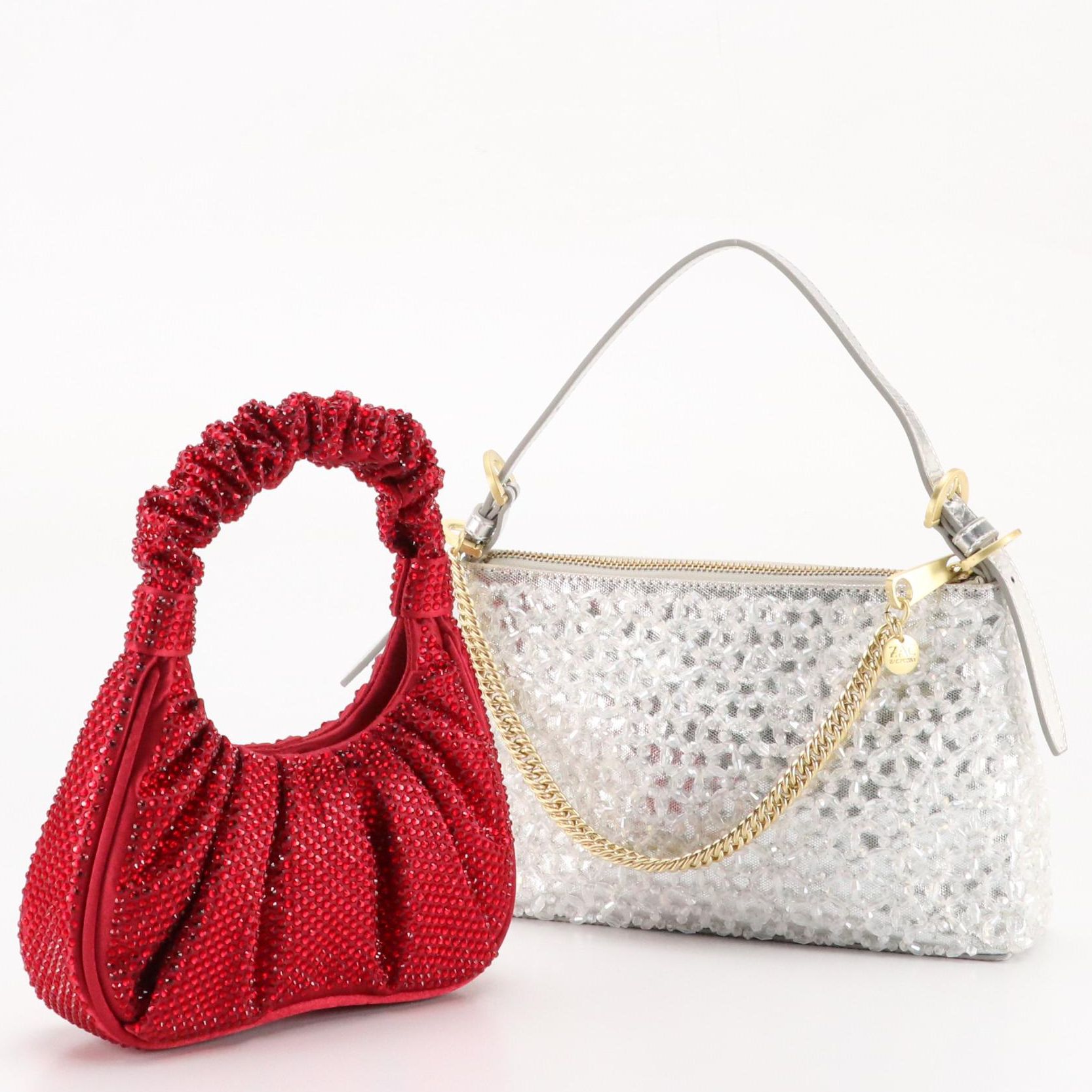 JW Pei Gabbi Rhinestone Ruched Hobo Bag and Zac Posen Silver Beaded Two-Way Bag