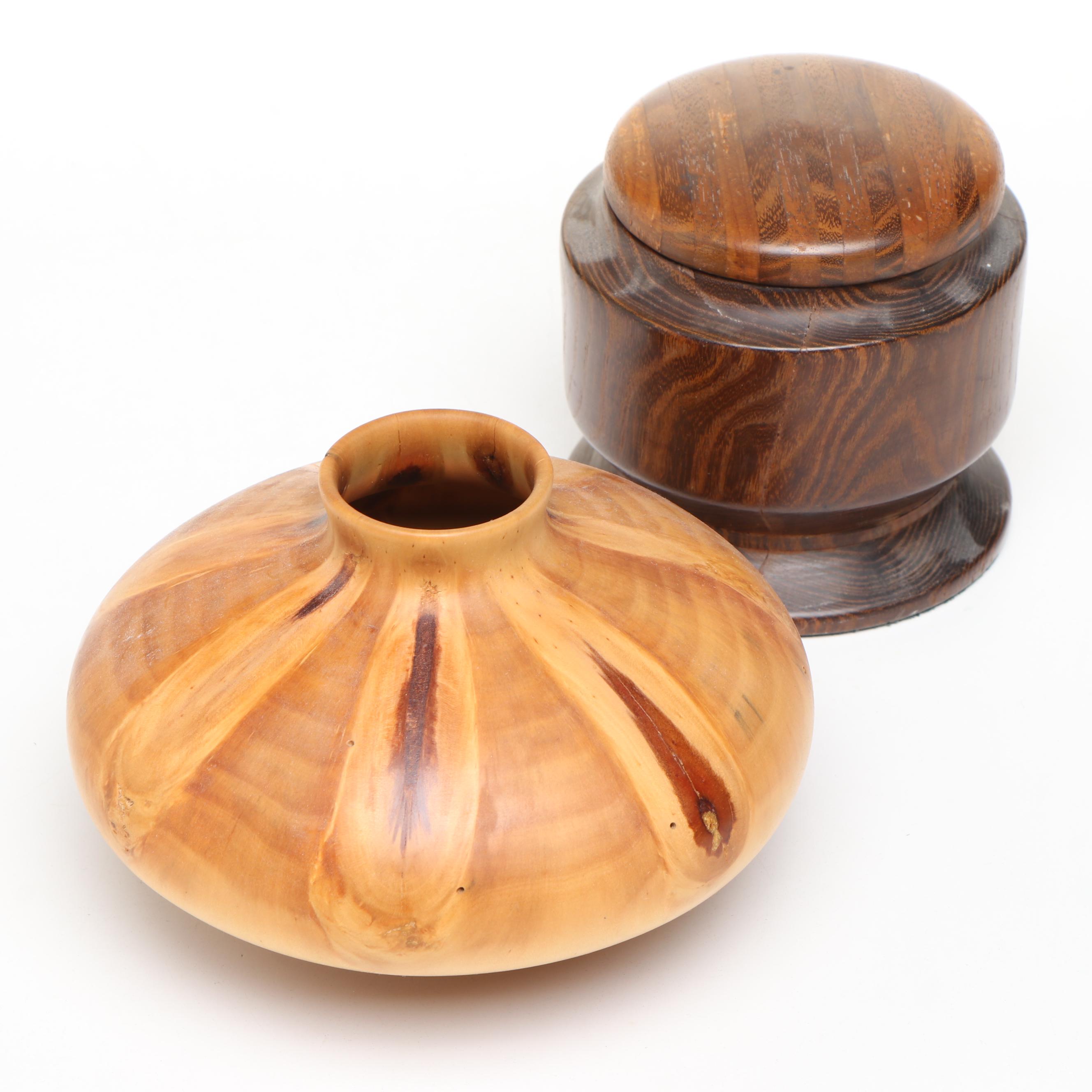 Turned Wood and Segmented Walnut Lidded Pedestal Bowl with Vase