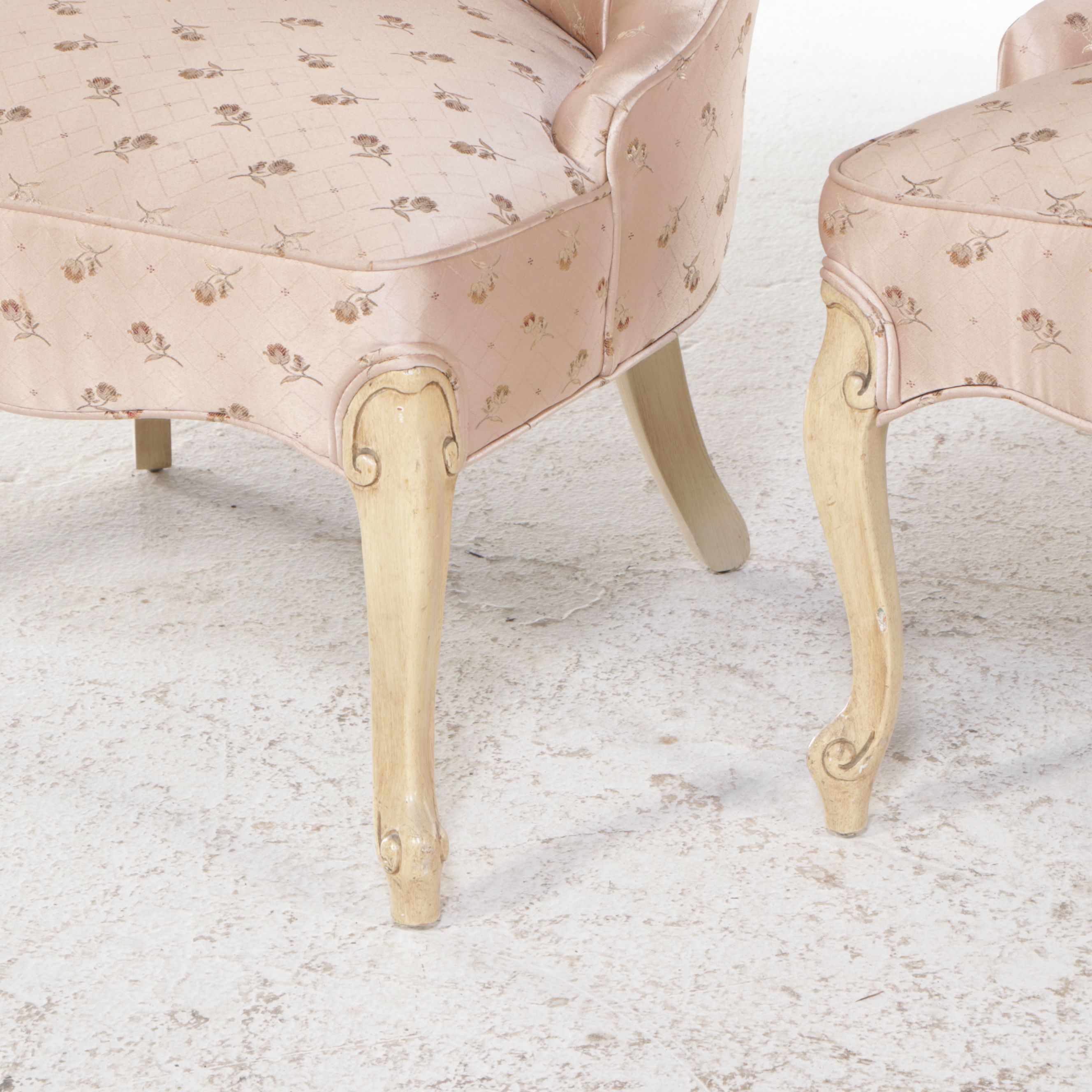 Pair of French Provincial Style Button-Tufted Floral Fabric Boudoir Chairs