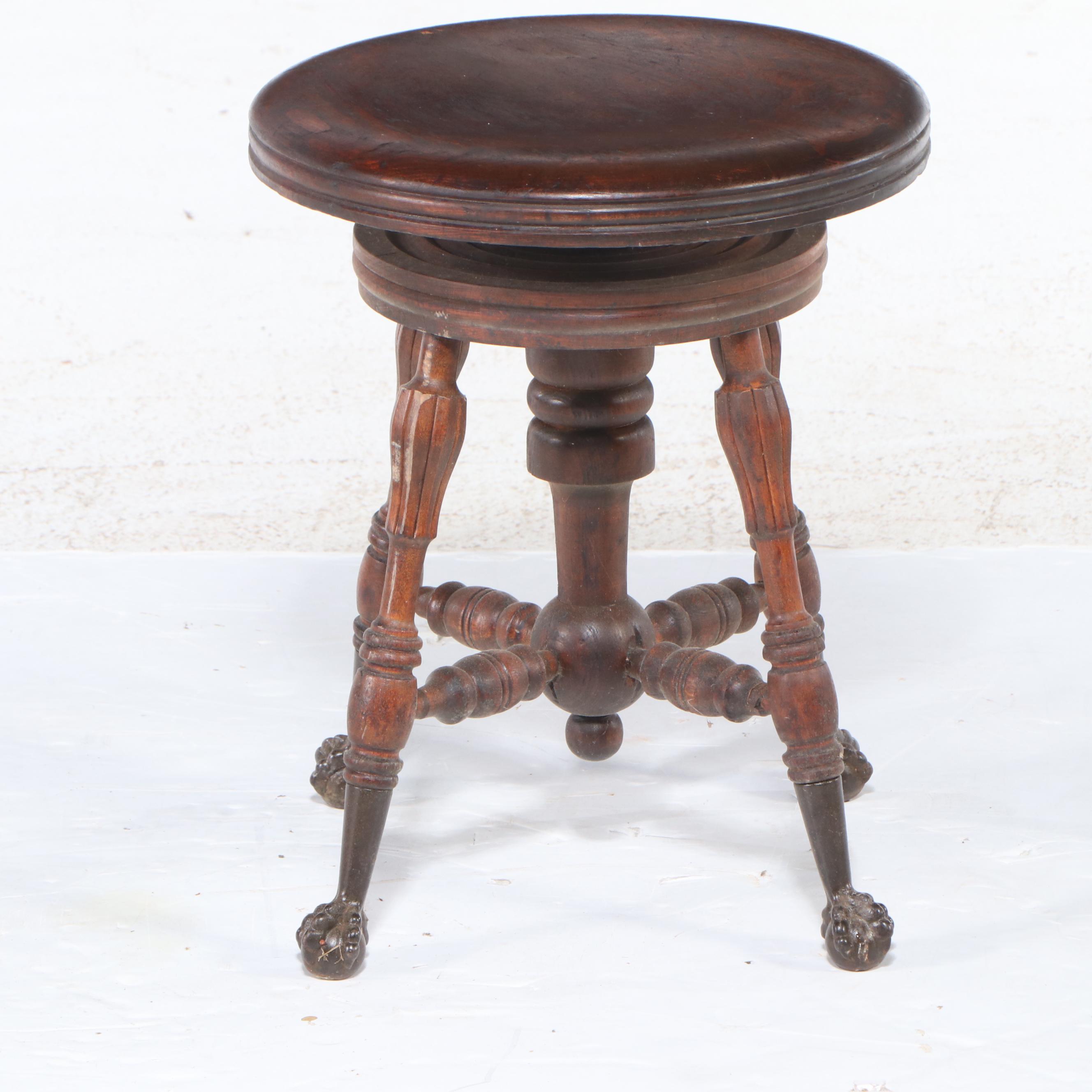 Victorian Carved Oak Piano Stool with Claw Feet