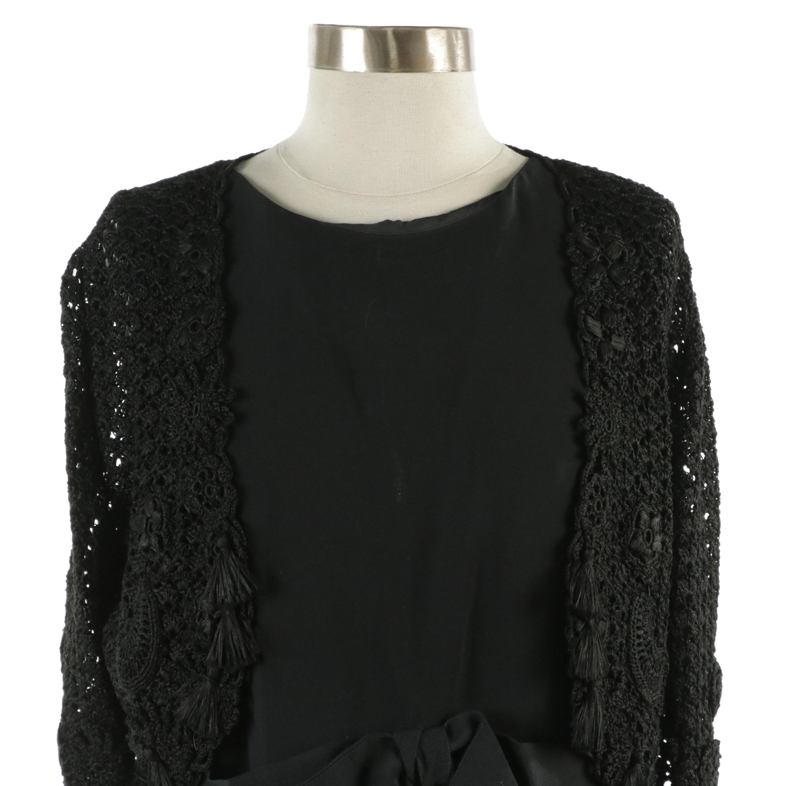 Oscar de la Renta Silk Sleeveless Dress and Silk Crochet Lace Tasseled Bolero