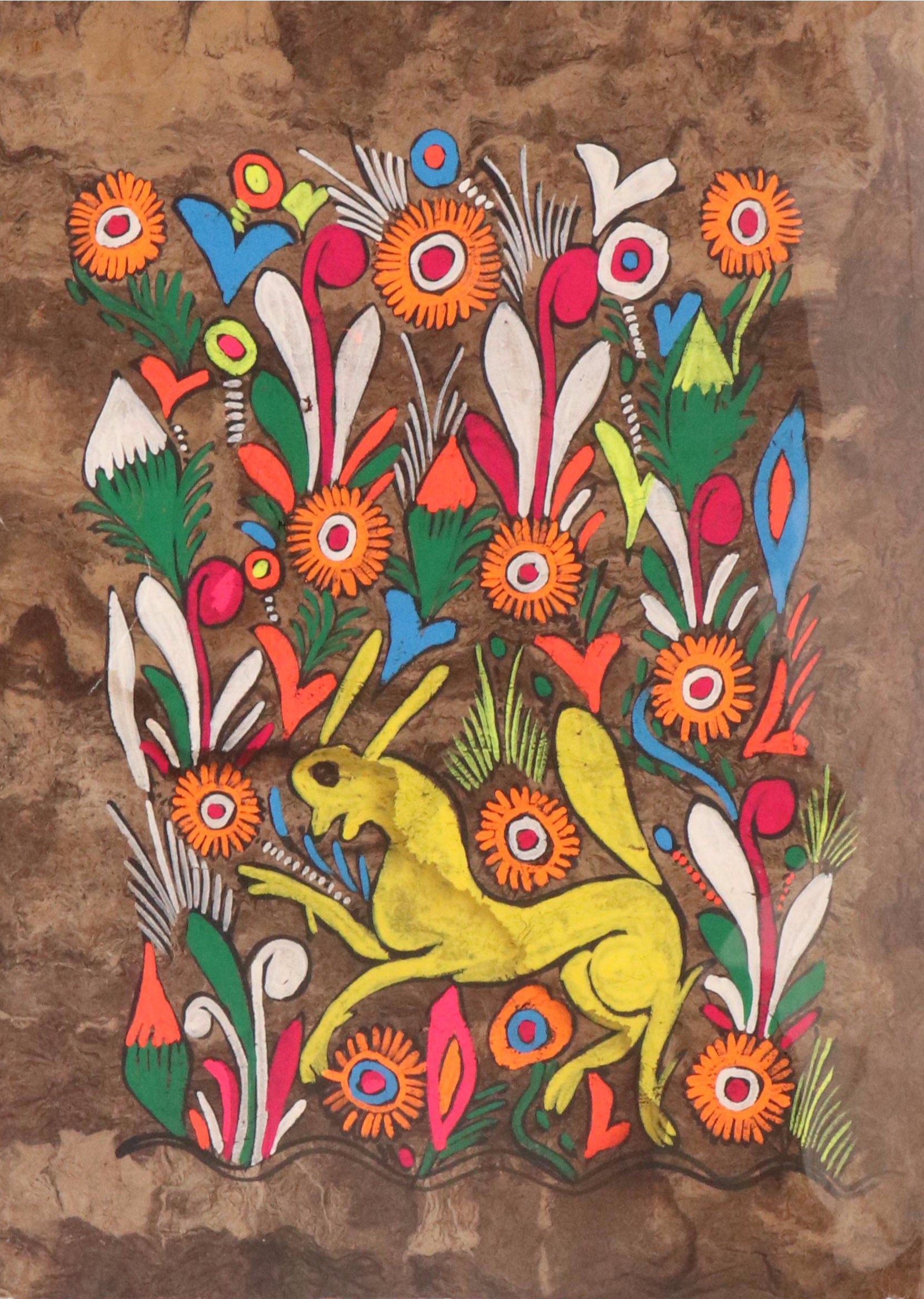 Mexican Amate Bark Art Gouache Painting of Rabbit in Flower Field