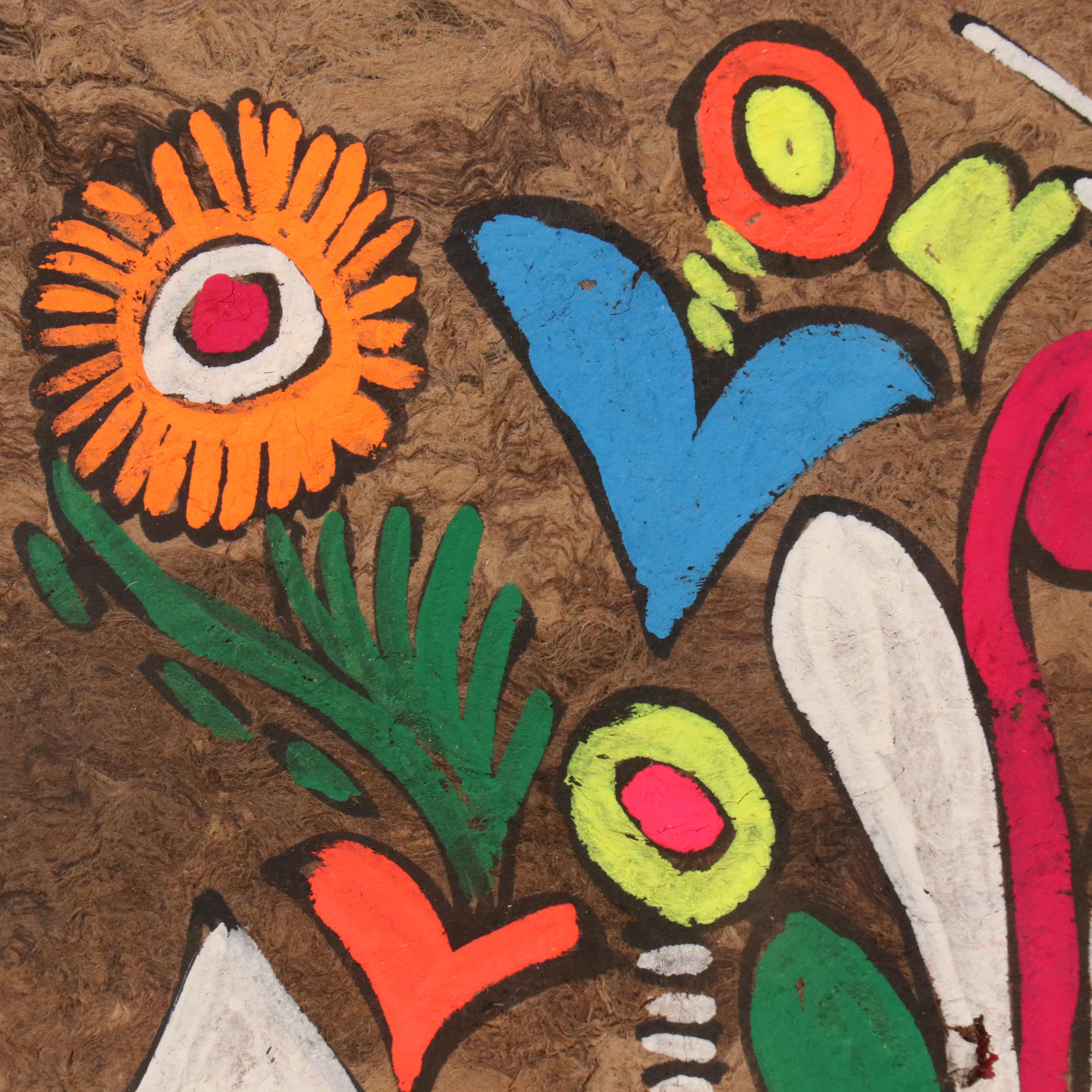 Mexican Amate Bark Art Gouache Painting of Rabbit in Flower Field