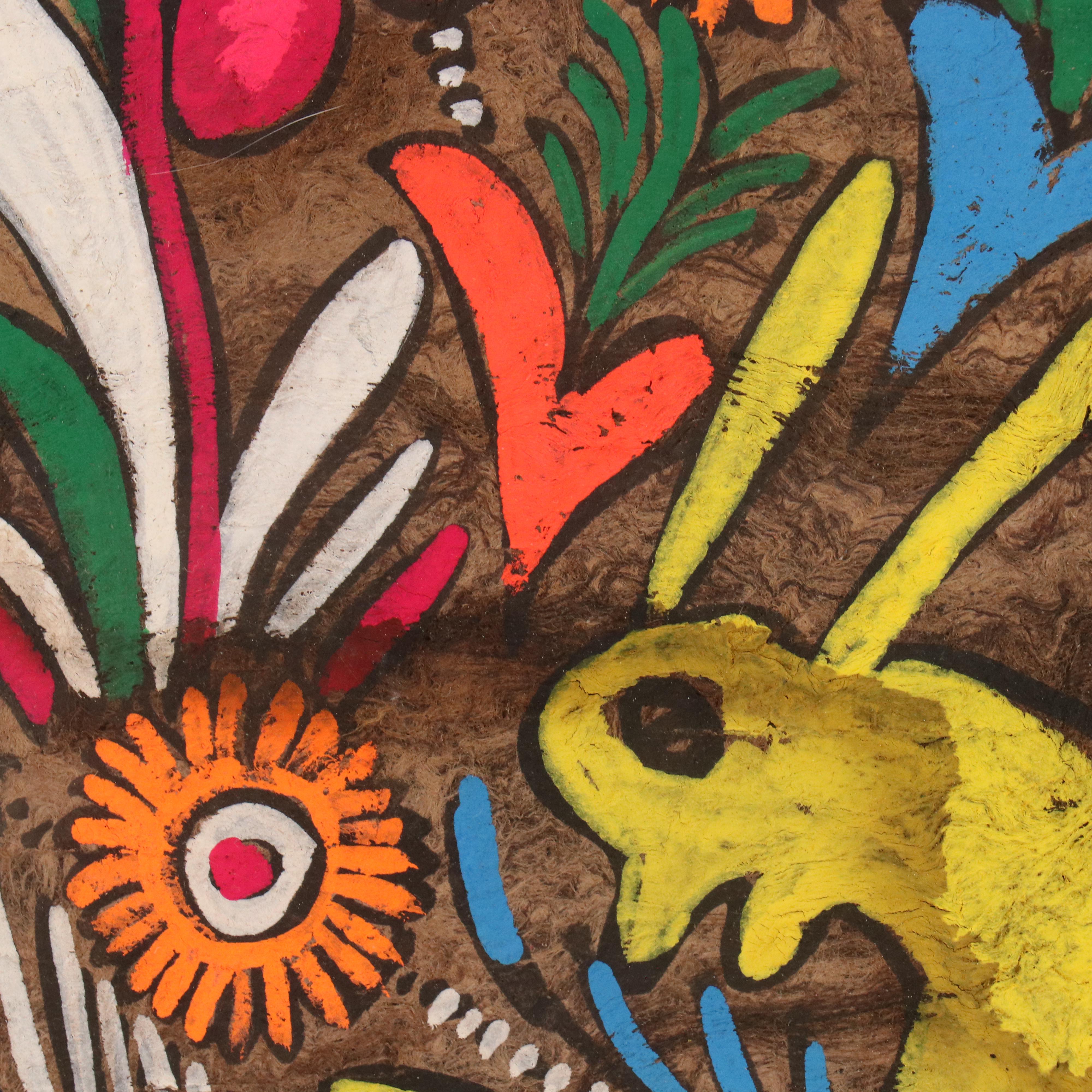 Mexican Amate Bark Art Gouache Painting of Rabbit in Flower Field