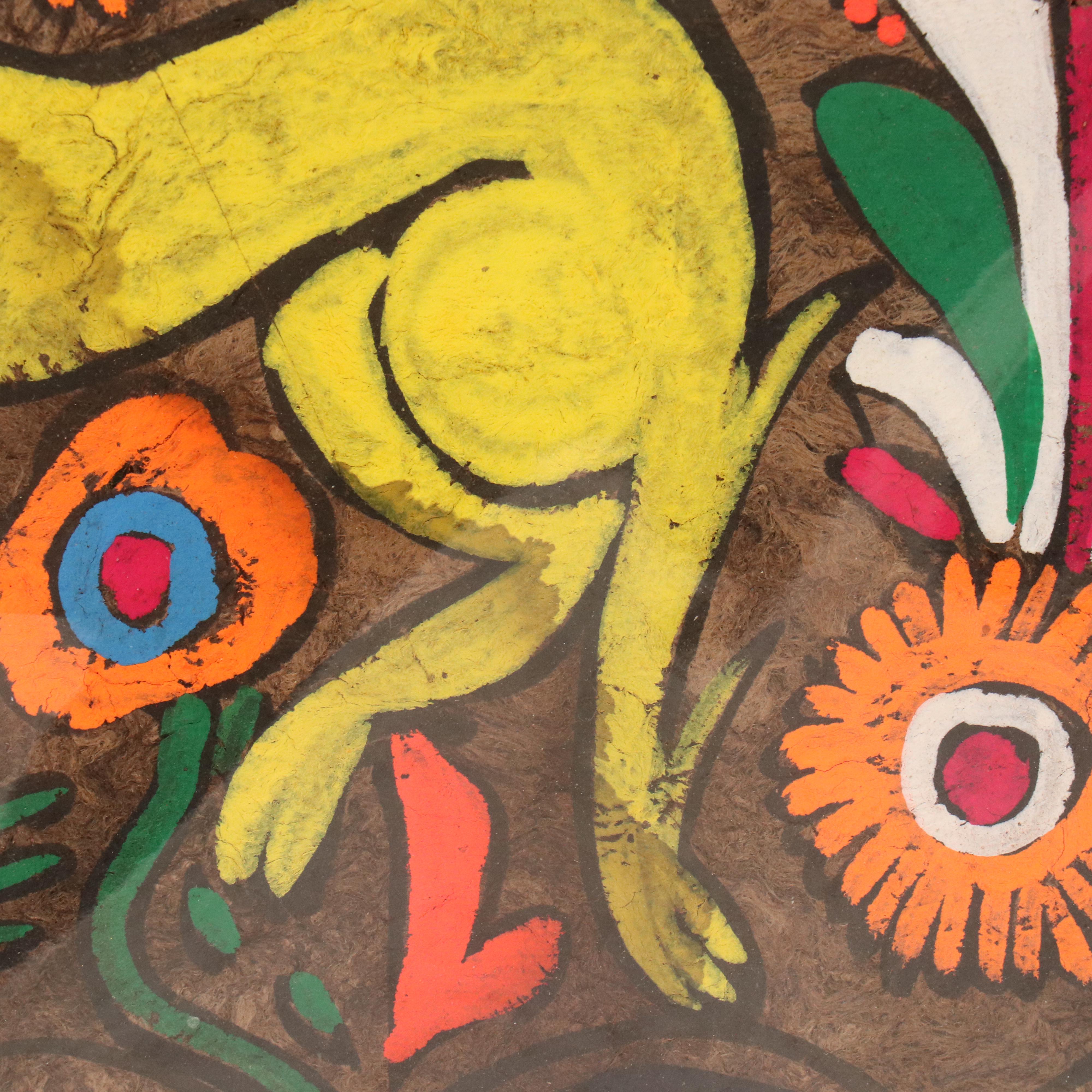 Mexican Amate Bark Art Gouache Painting of Rabbit in Flower Field