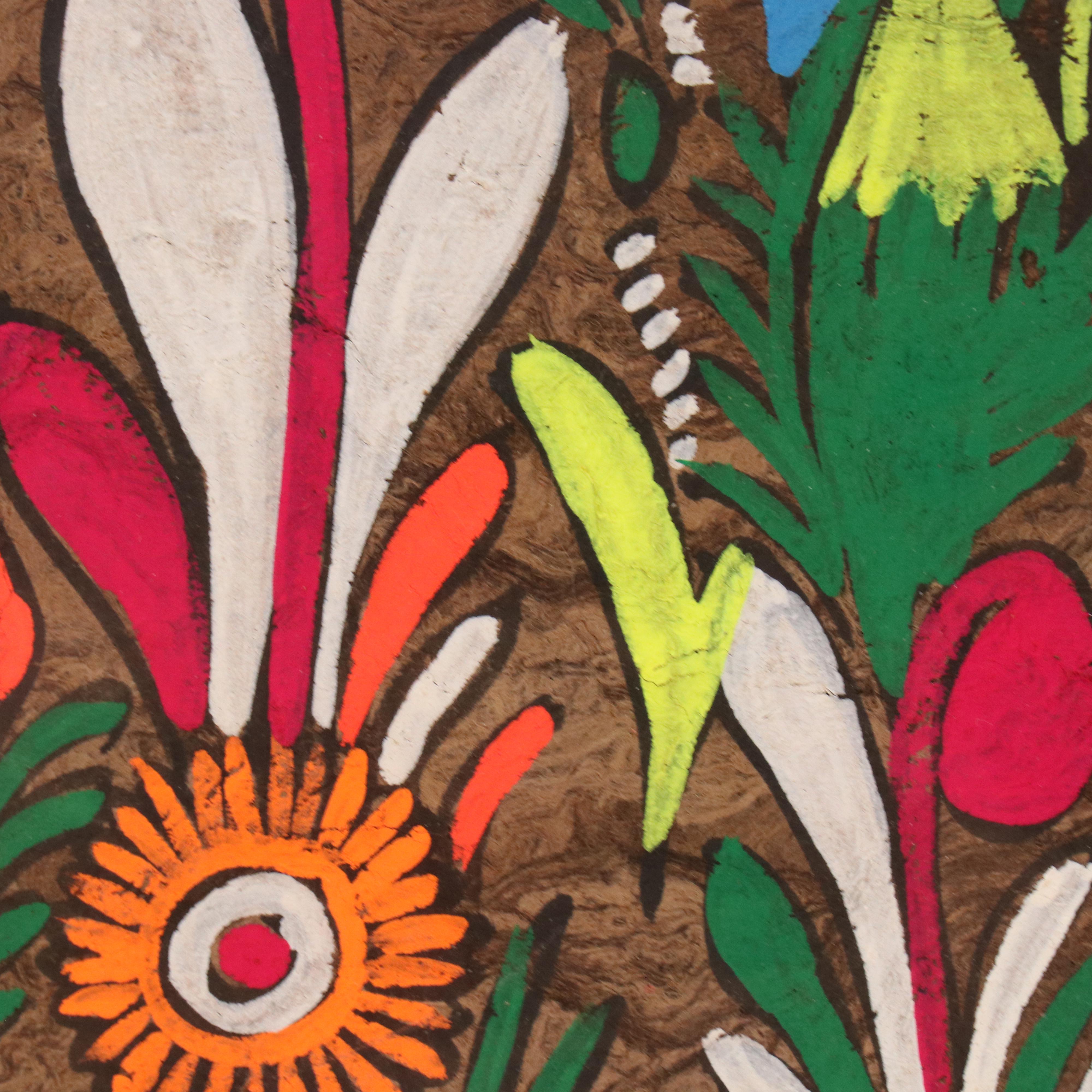 Mexican Amate Bark Art Gouache Painting of Rabbit in Flower Field