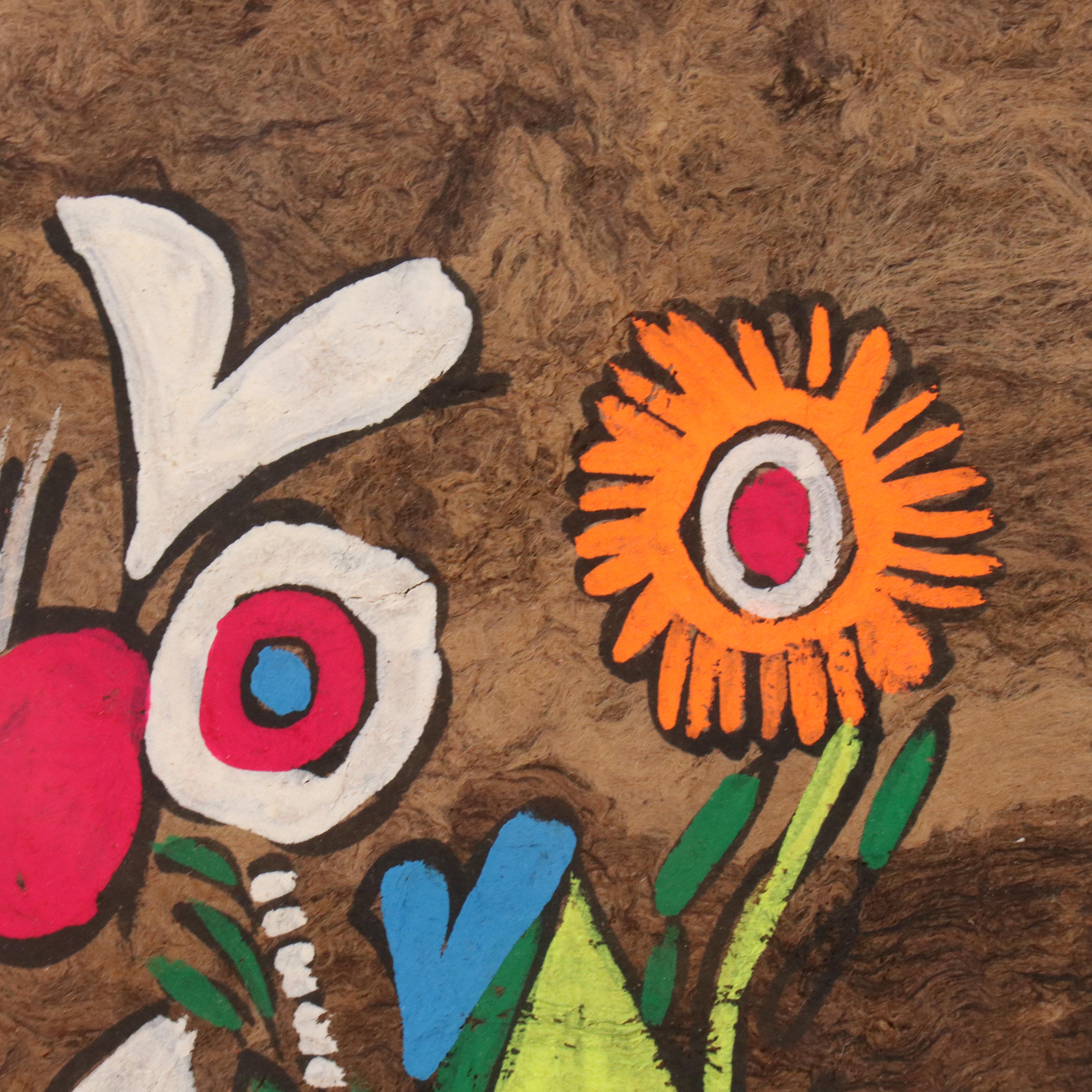 Mexican Amate Bark Art Gouache Painting of Rabbit in Flower Field