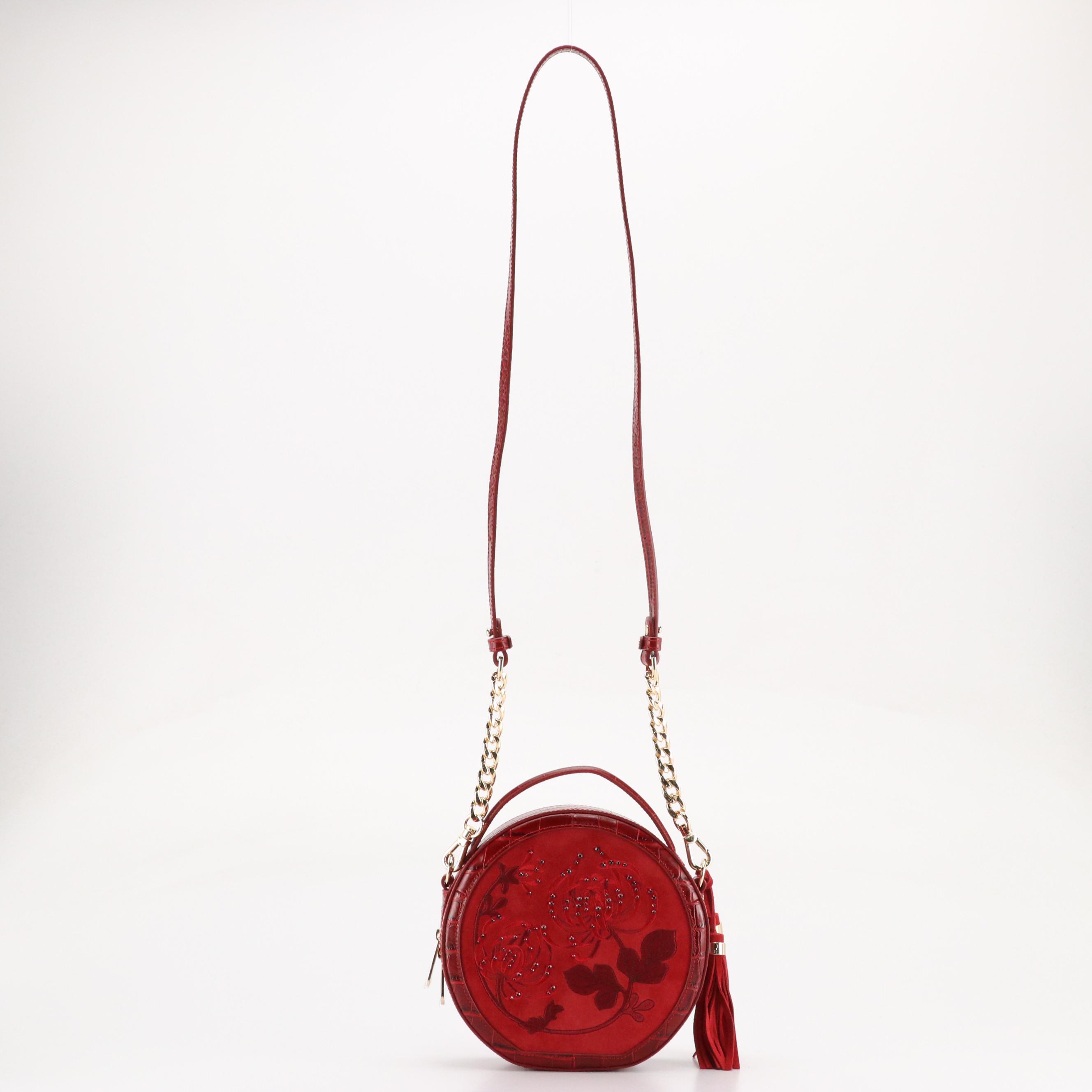 Brahmin "Lane Kirkin" Two-Way Bag in Red Embroidered Suede and Embossed Leather