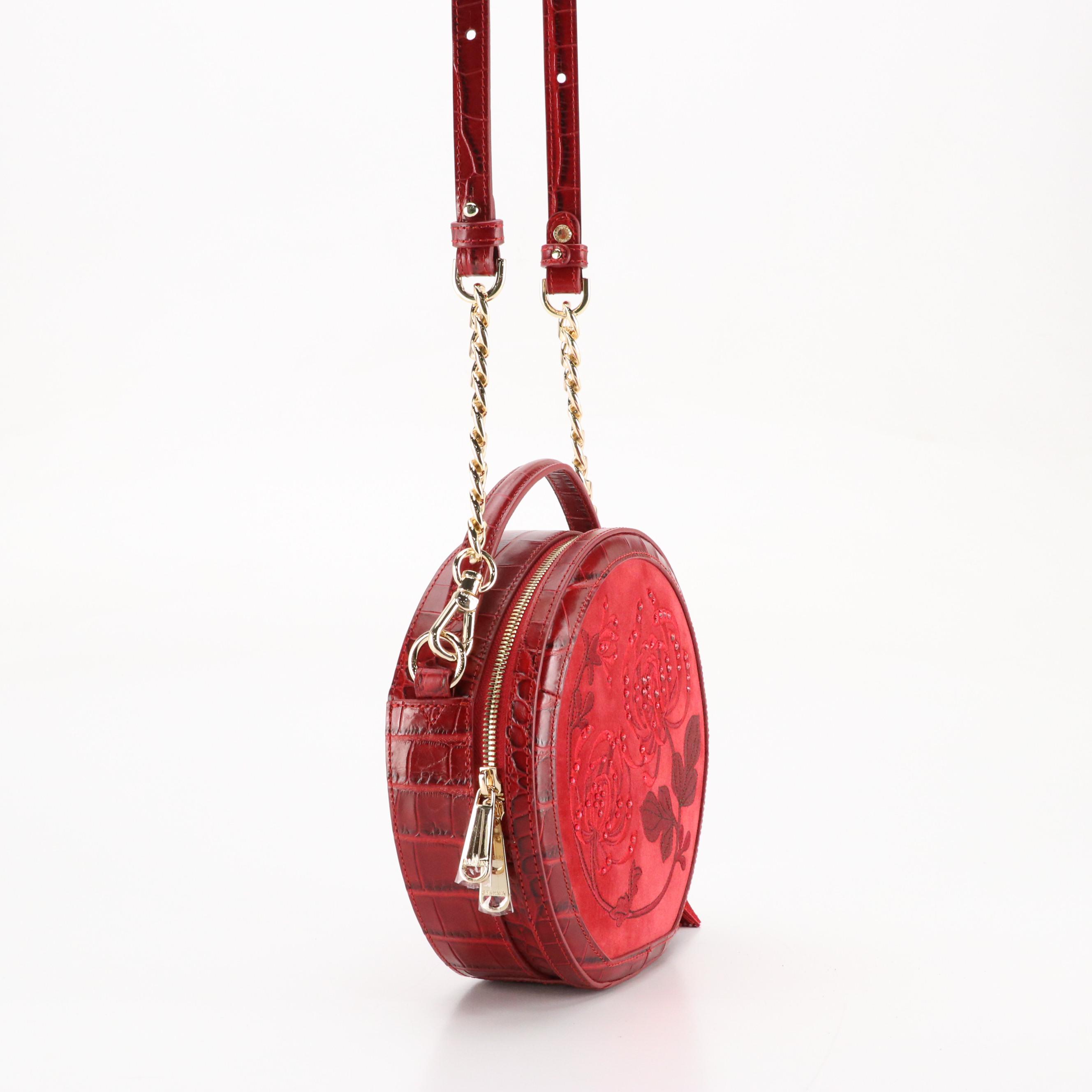 Brahmin "Lane Kirkin" Two-Way Bag in Red Embroidered Suede and Embossed Leather