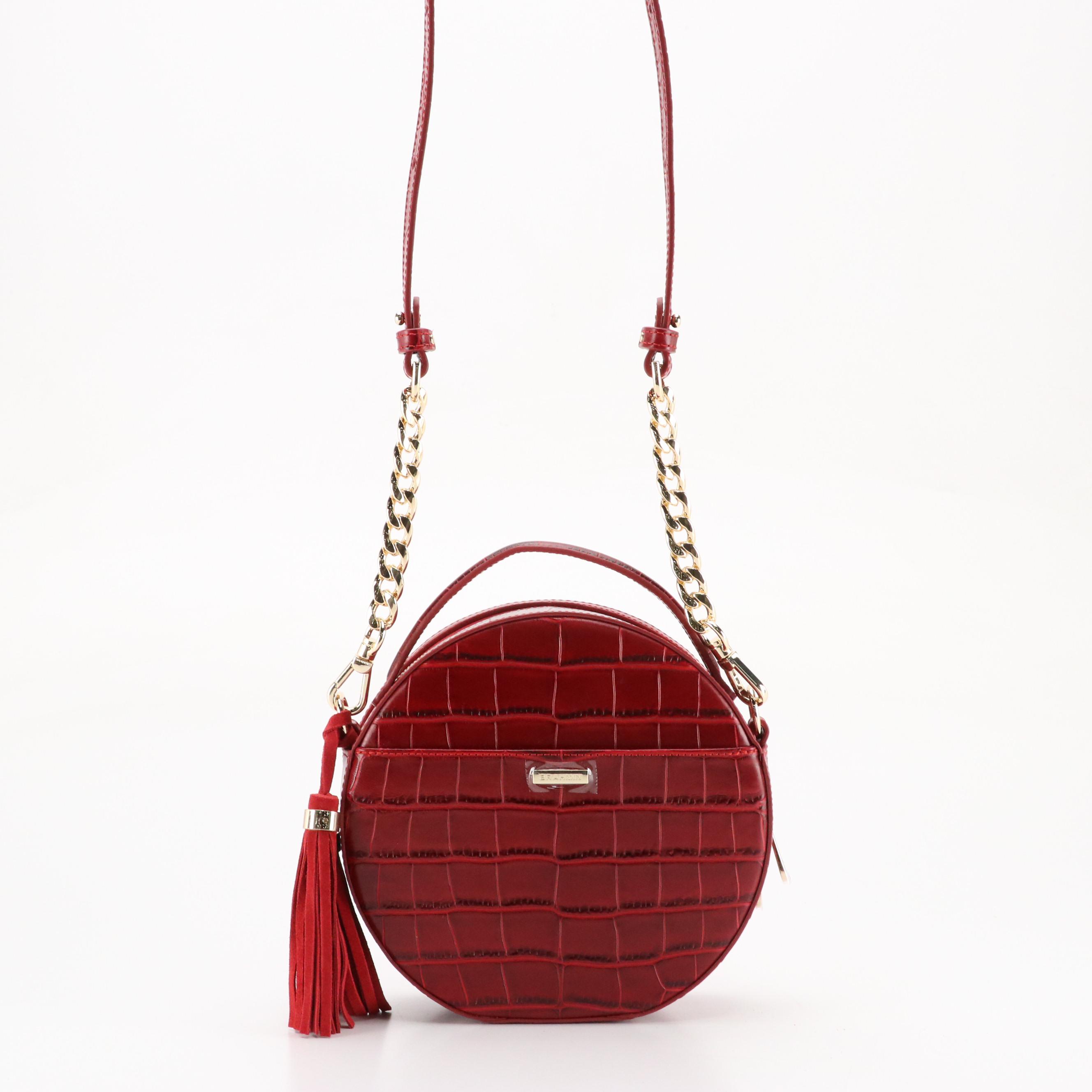 Brahmin "Lane Kirkin" Two-Way Bag in Red Embroidered Suede and Embossed Leather