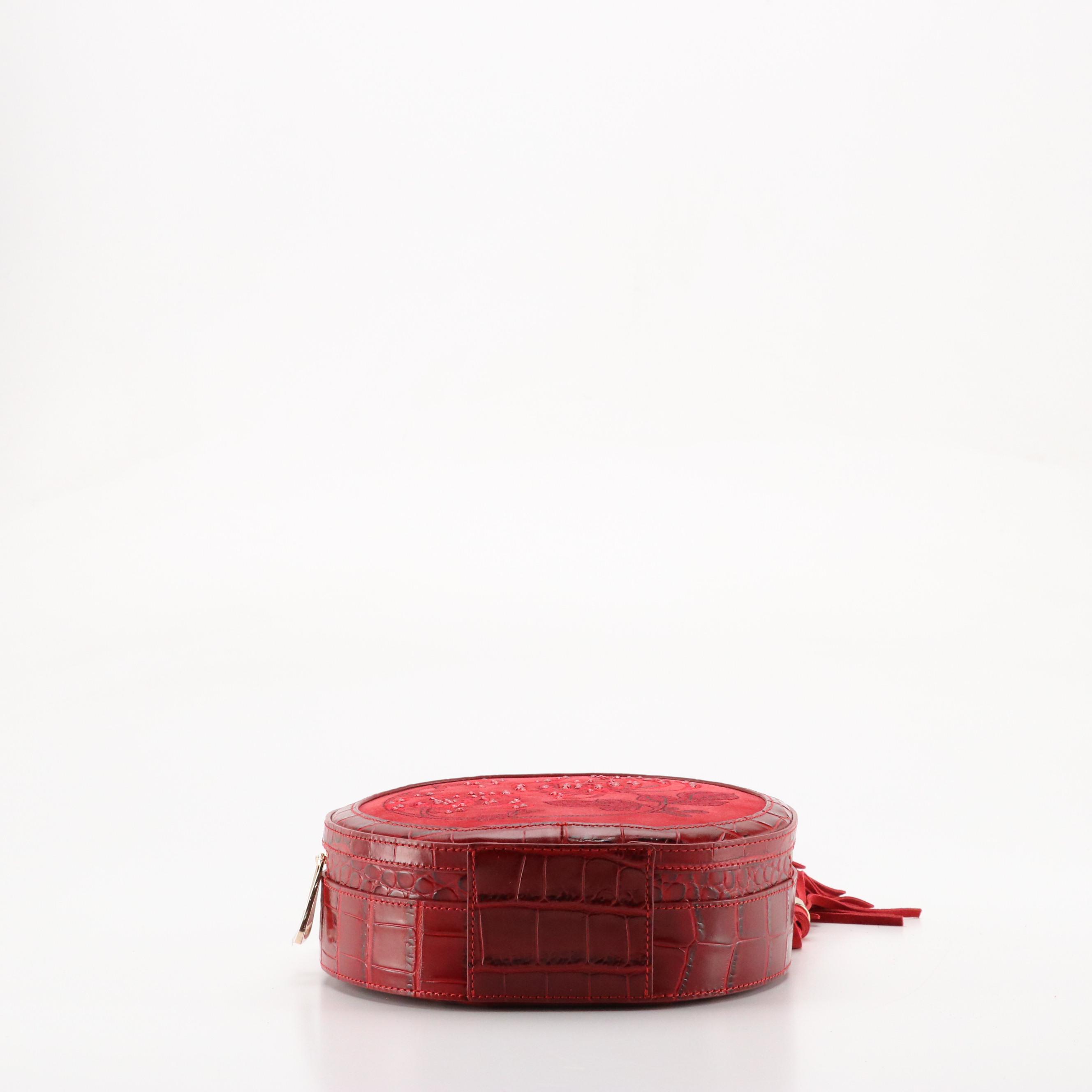 Brahmin "Lane Kirkin" Two-Way Bag in Red Embroidered Suede and Embossed Leather