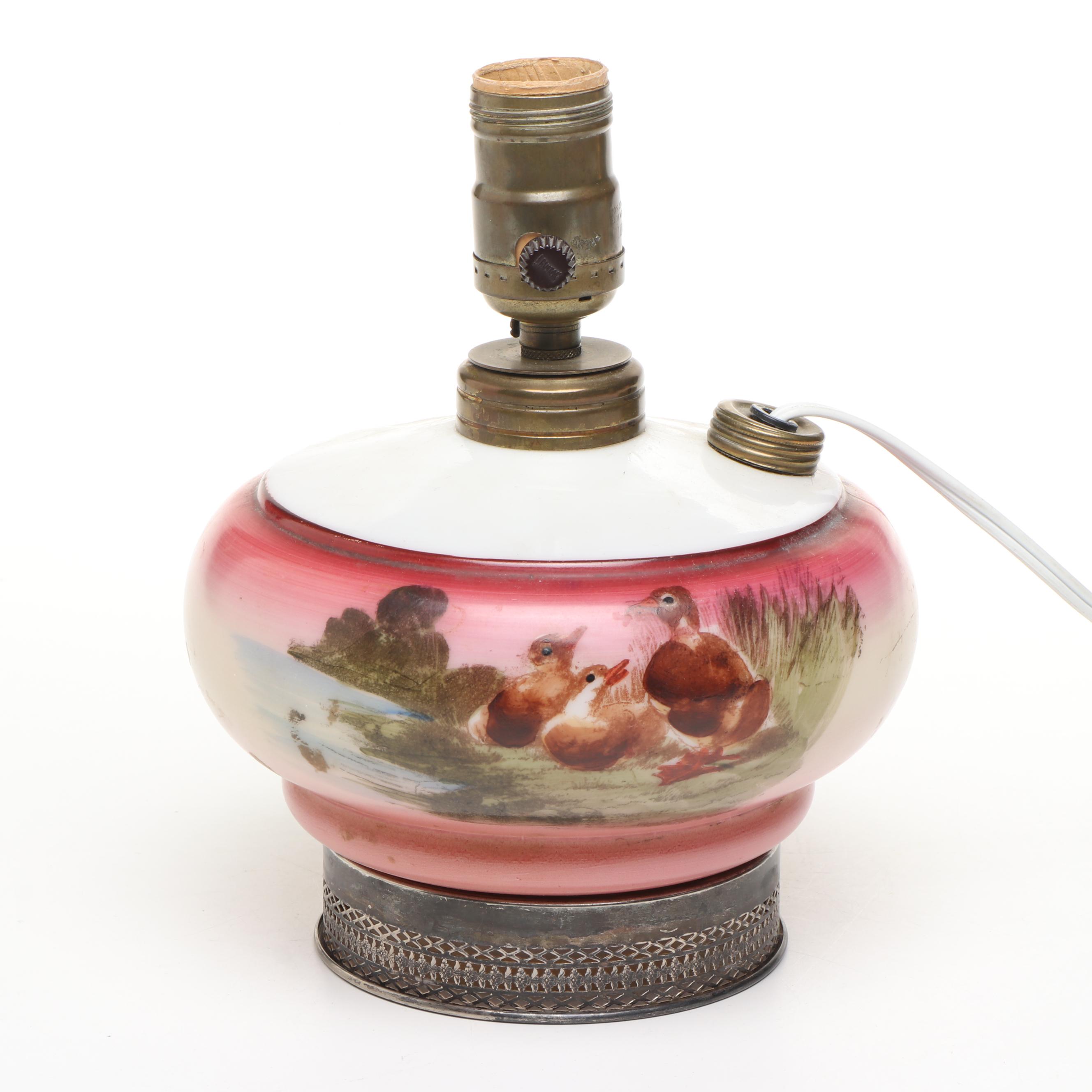 Hand-Painted Milk Glass Duck Oil Lamp with Silver Plate Base, Adapted