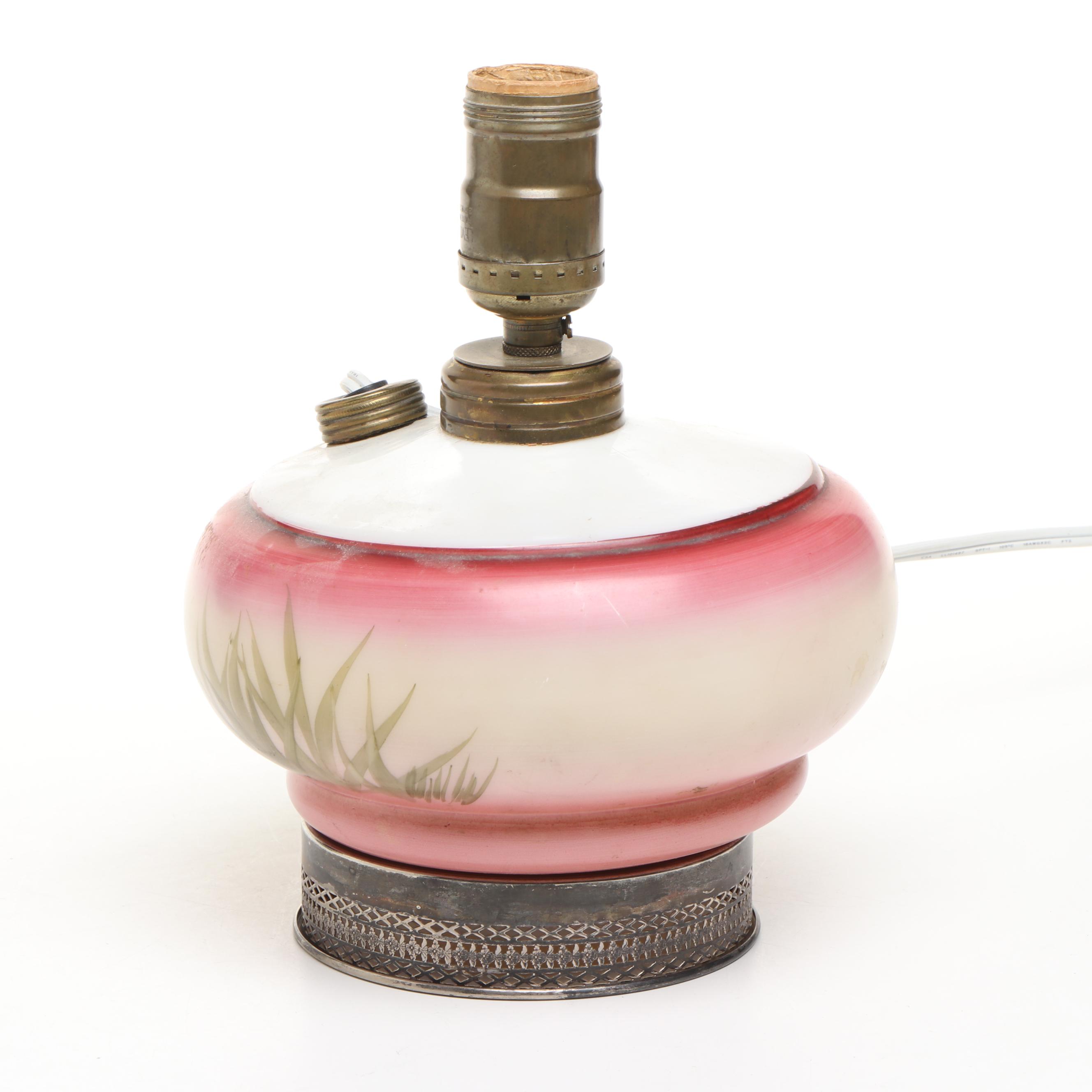 Hand-Painted Milk Glass Duck Oil Lamp with Silver Plate Base, Adapted