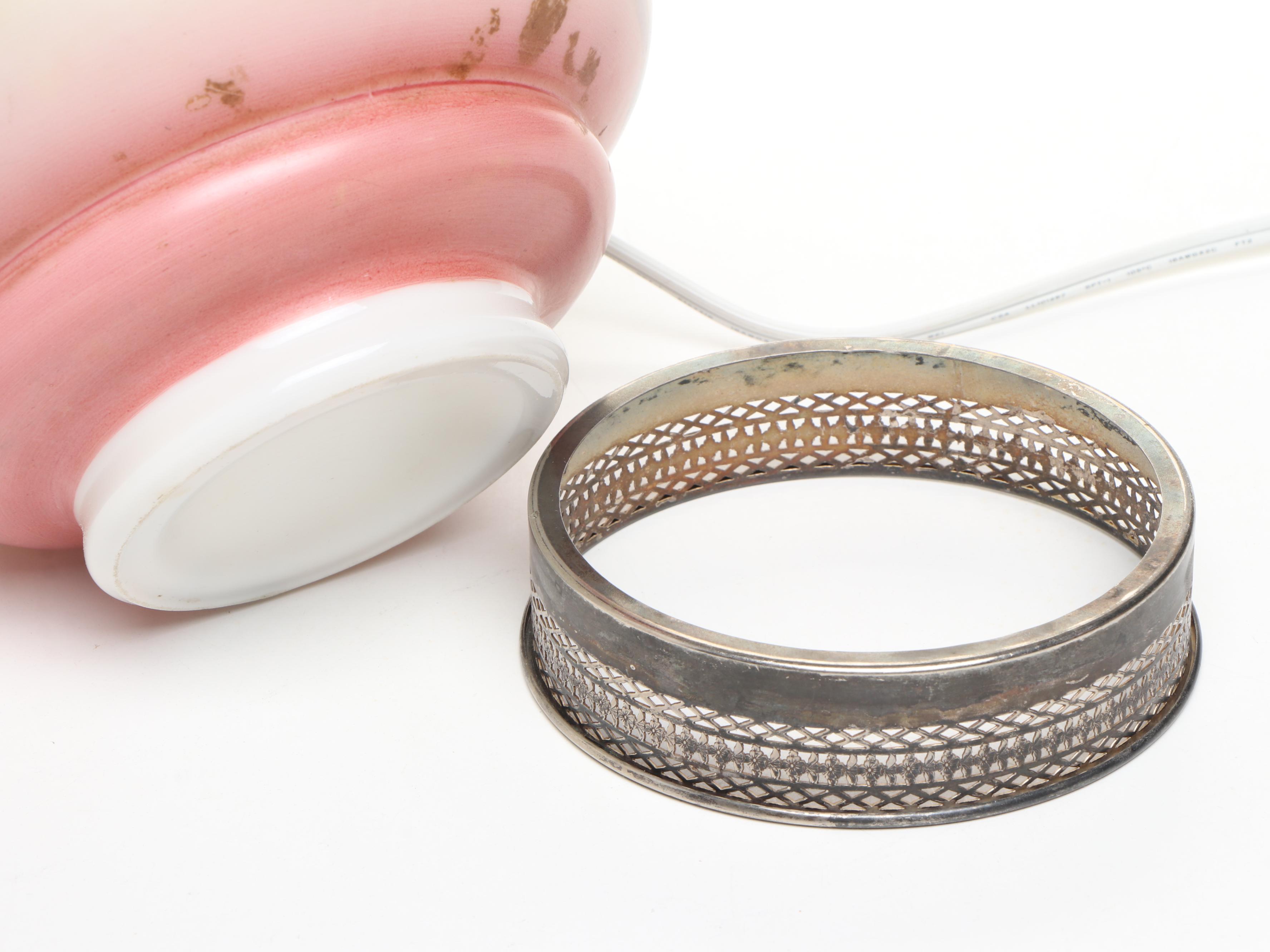 Hand-Painted Milk Glass Duck Oil Lamp with Silver Plate Base, Adapted