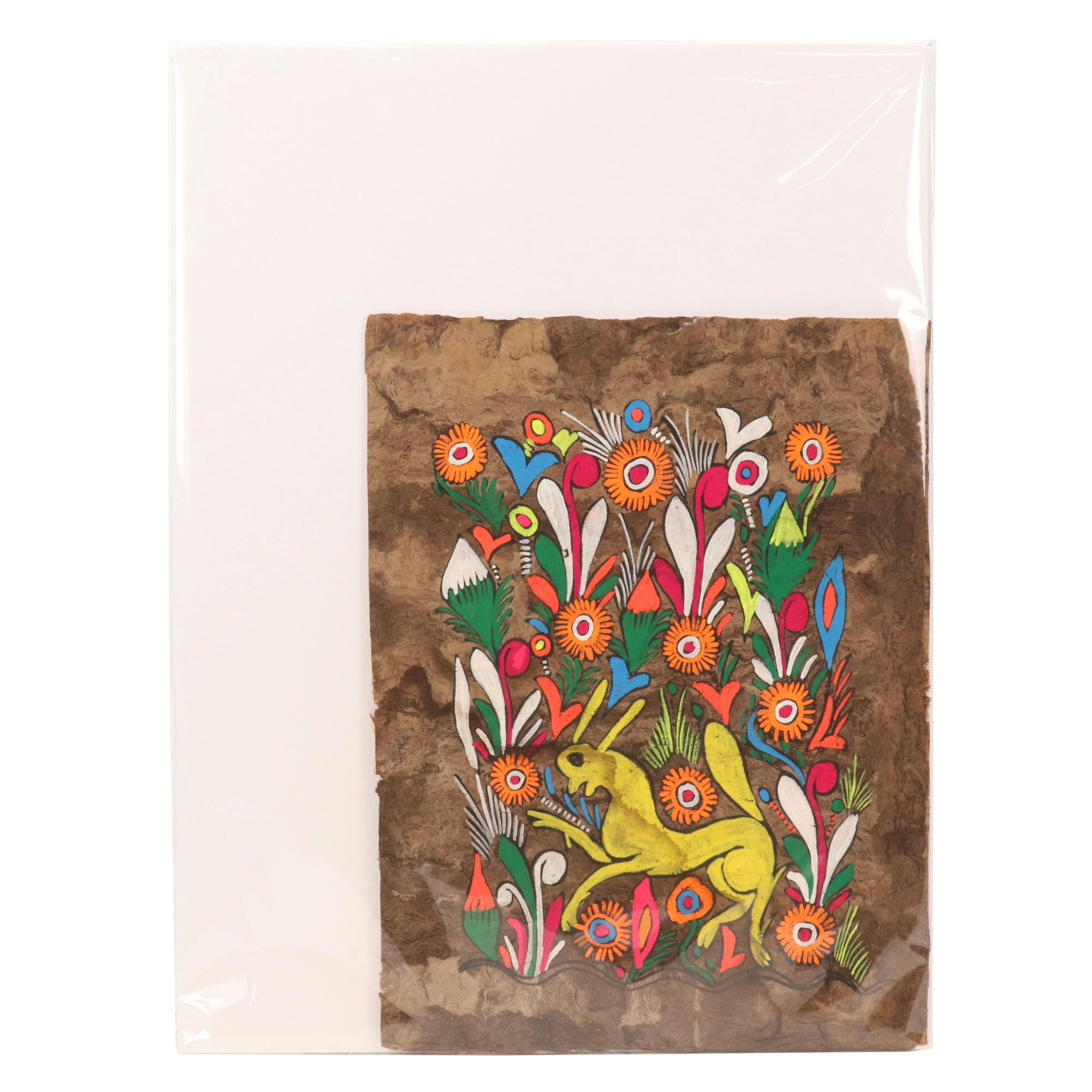 Mexican Amate Bark Art Gouache Painting of Rabbit in Flower Field