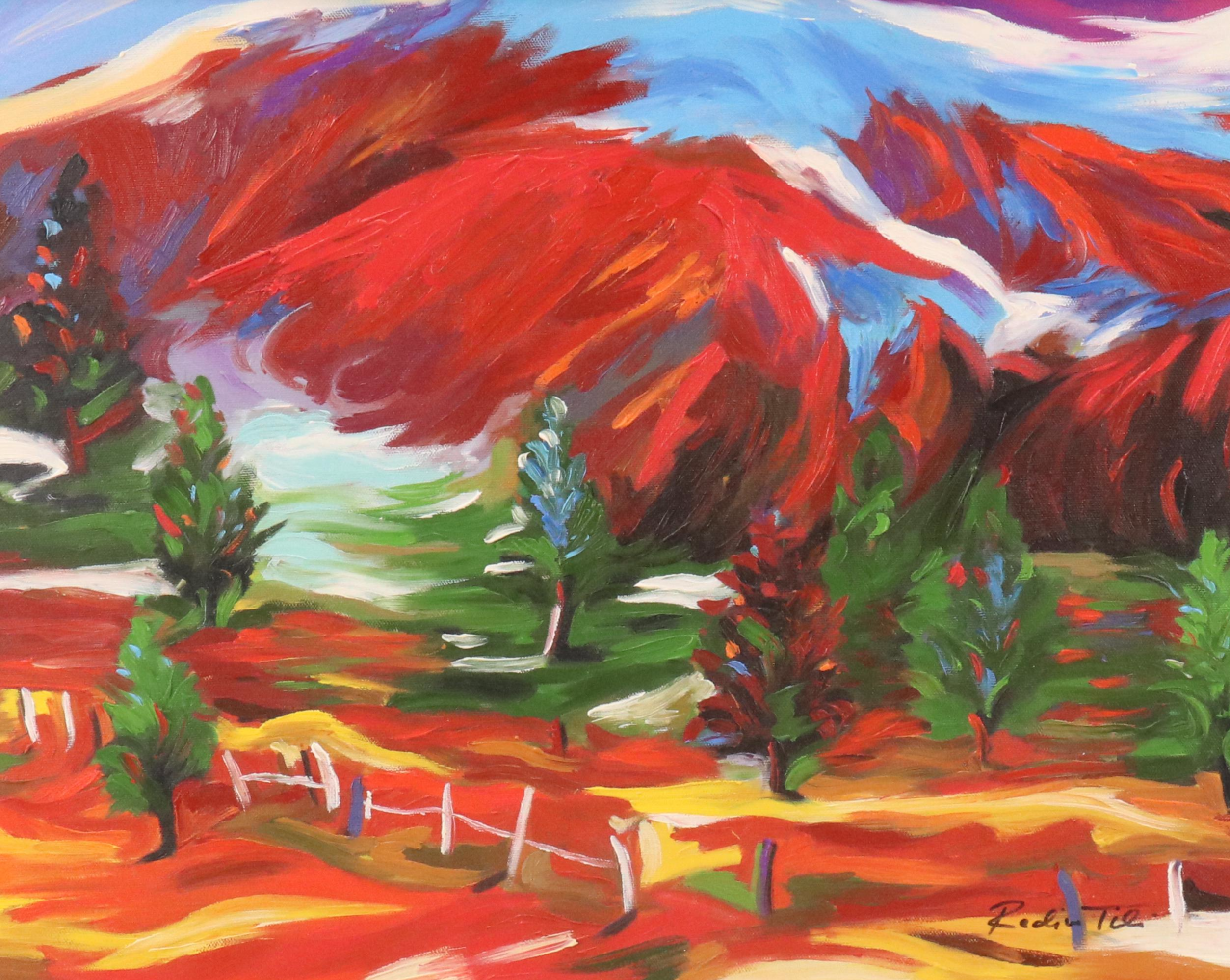 Redina Tili Landscape Acrylic Painting with Fence and Sparse Trees, 21st Century