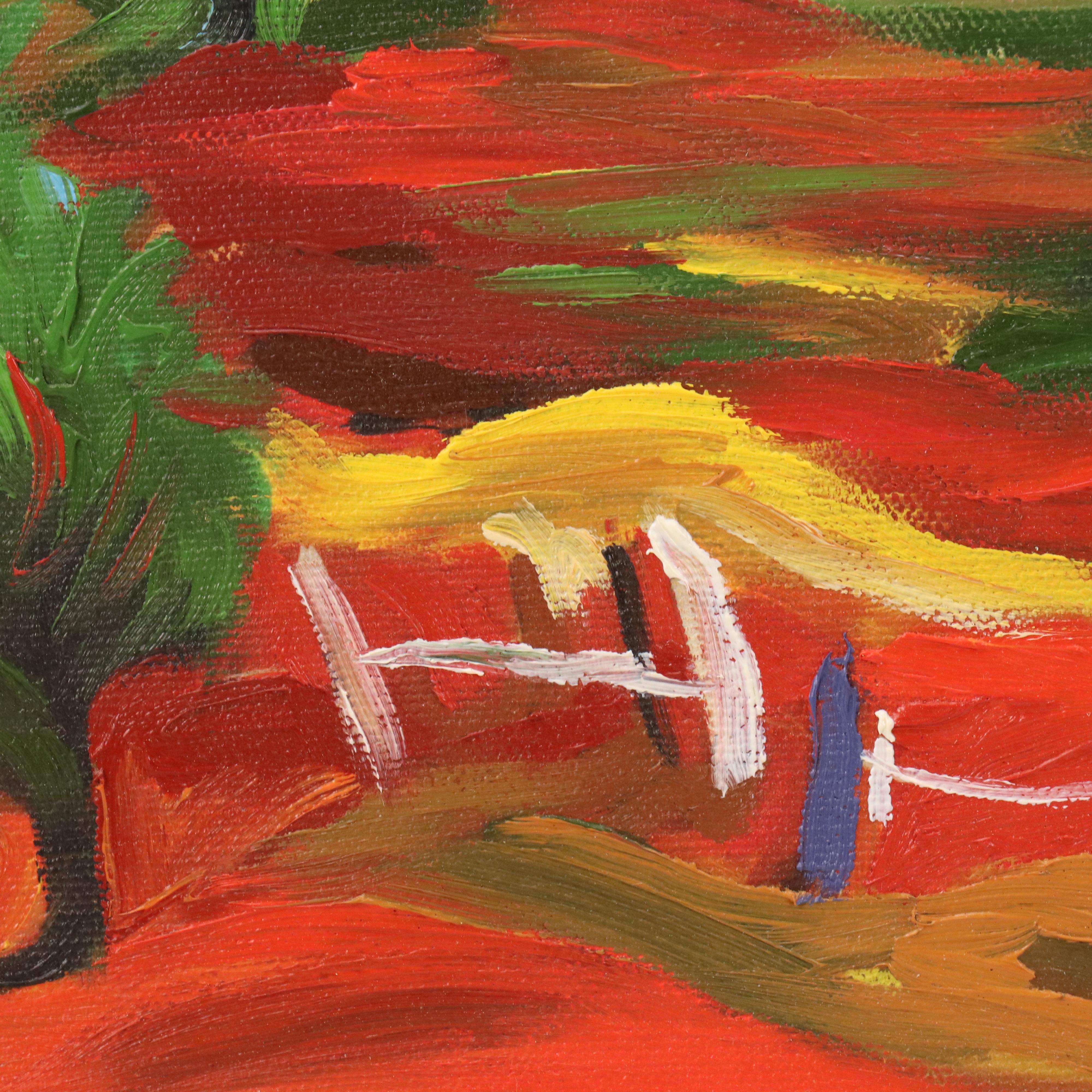 Redina Tili Landscape Acrylic Painting with Fence and Sparse Trees, 21st Century